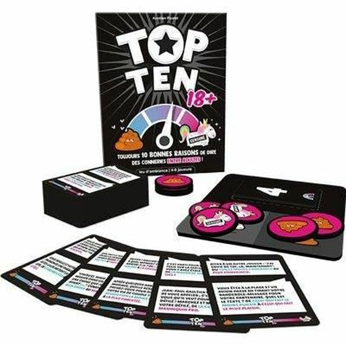Een bordspel genaamd 'Top Ten' met kaarten, fiches en een doos. Het spel bevat kaarten met tekst en ronde fiches met afbeeldingen.
