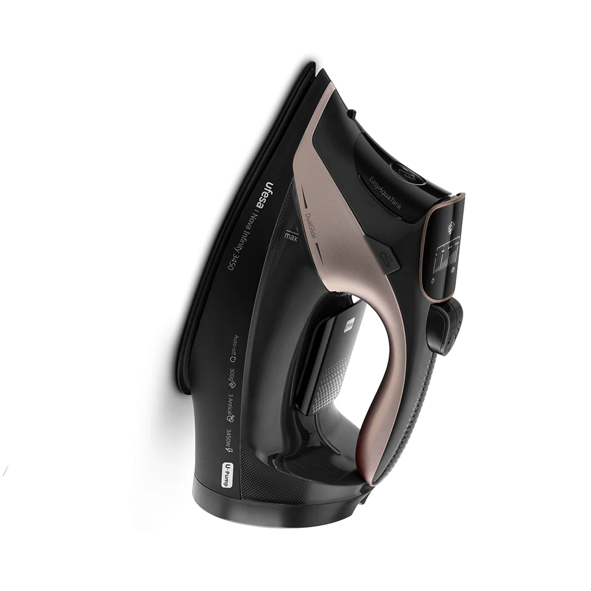 Un ferro da stiro nero e oro rosa, Ufesa Nova Infinity 3450, su sfondo bianco. Include serbatoio dell'acqua e doppio scorrimento.
