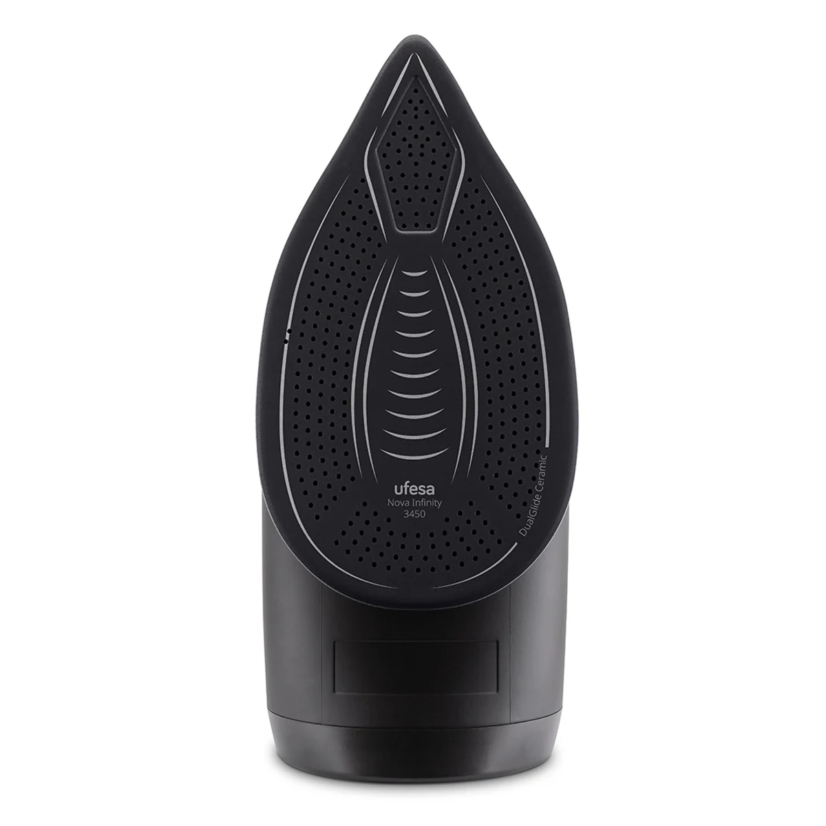 Un ferro da stiro nero Ufesa Nova Infinity 3450, piastra con fori ed etichetta DualGlide ceramic. Il ferro è su sfondo bianco.