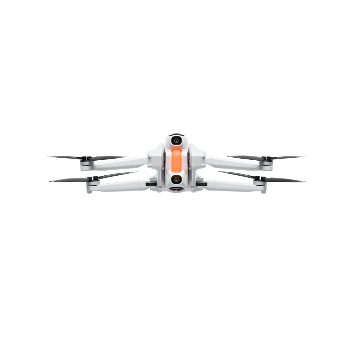 Biały dron z czarnymi śmigłami i pomarańczowymi akcentami, na czarnym tle. Dron jest widoczny z przodu.