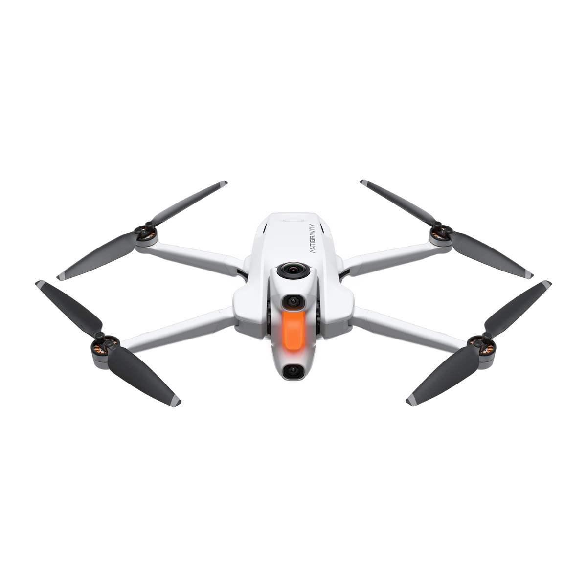 Biały dron z czterema czarnymi śmigłami, pomarańczową sekcją kamery i napisem 'ANTIGRAVITY'. Tło jest czarne.
