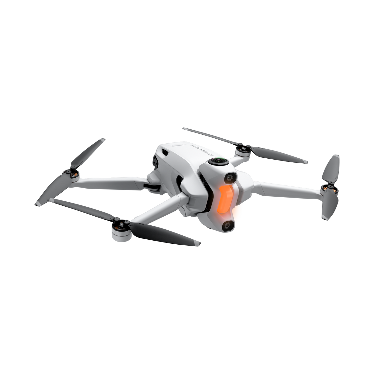 Biały dron z czterema śmigłami na czarnym tle. Posiada pomarańczowe światła i kamery.