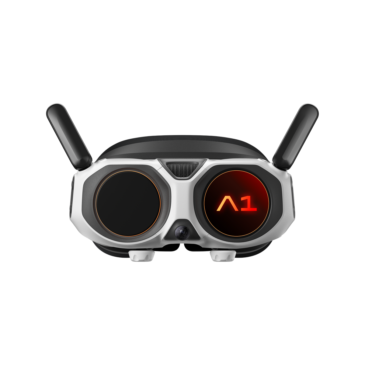 Gogle FPV, czarno-biały design z pomarańczowymi akcentami. Wyświetlają czerwony ekran z 'A1'. Widoczne anteny i kamera.