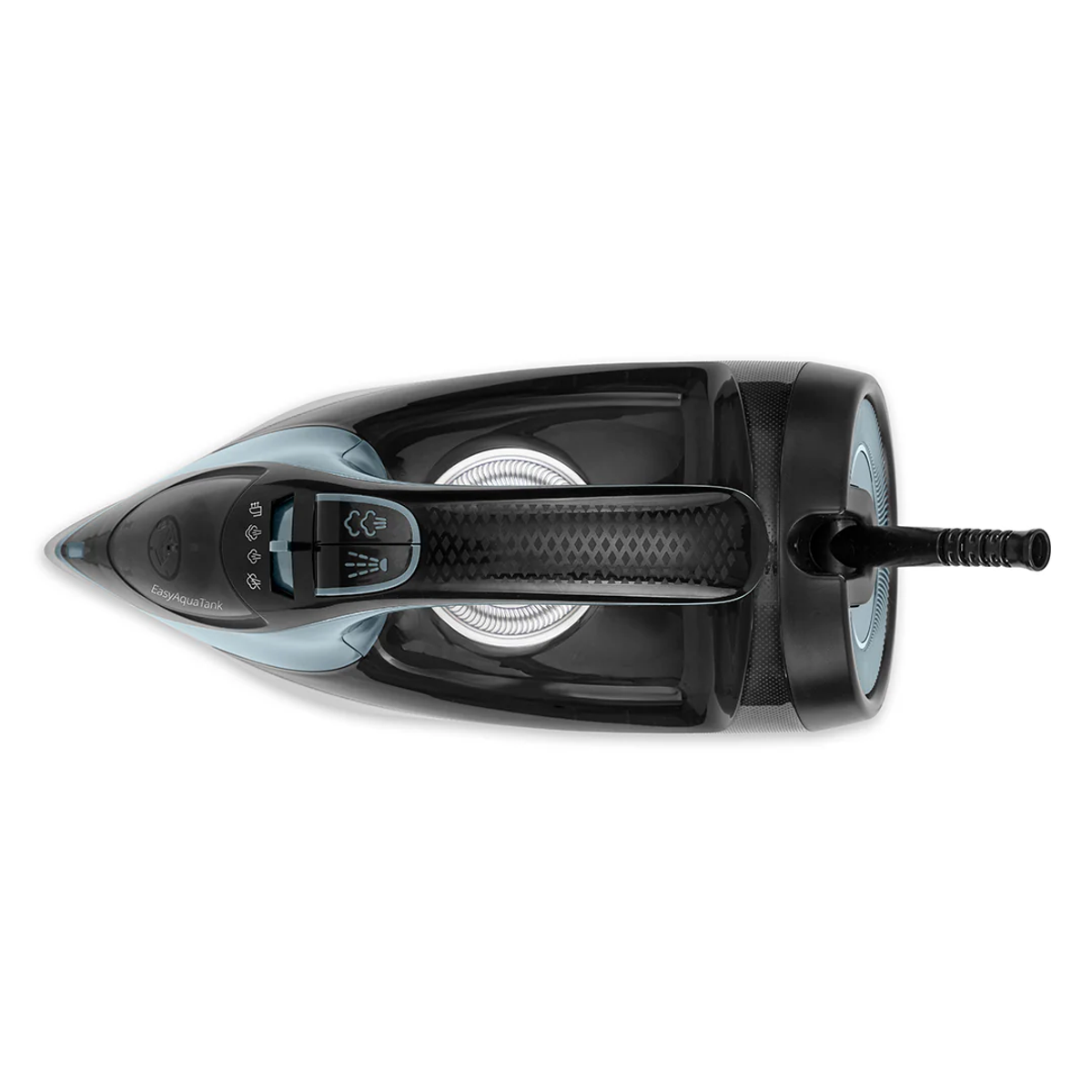 Una plancha negra y azul, vista superior. El mango es texturizado. Botones y ajustes visibles. EasyAquaTank está impreso.