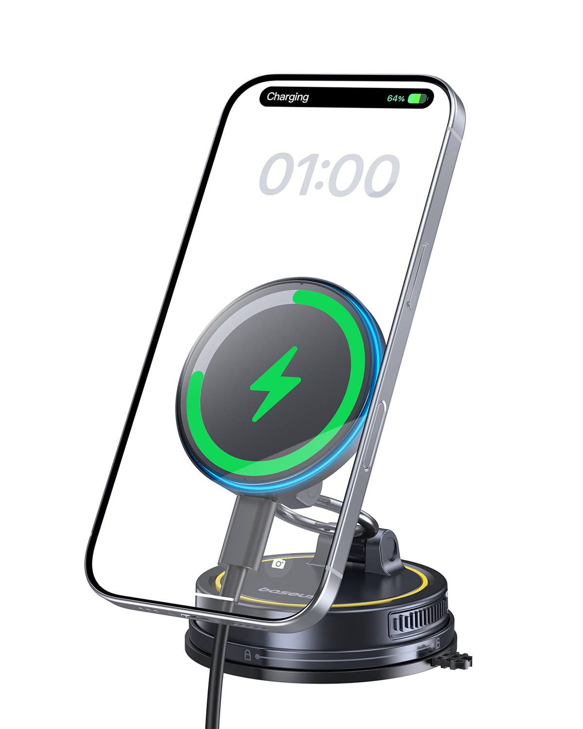 Ein Telefon wird auf einer kabellosen Ladestation aufgeladen. Das Telefon zeigt die Zeit 01:00 und 64 % Akku. Das Ladegerät hat ein grünes Licht.