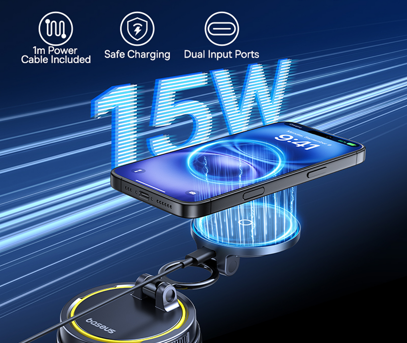 Ein Telefon wird drahtlos aufgeladen. Das Telefon ist schwarz und hat eine blaue Ladeanzeige. Das Ladegerät ist schwarz mit einem gelben Ring.