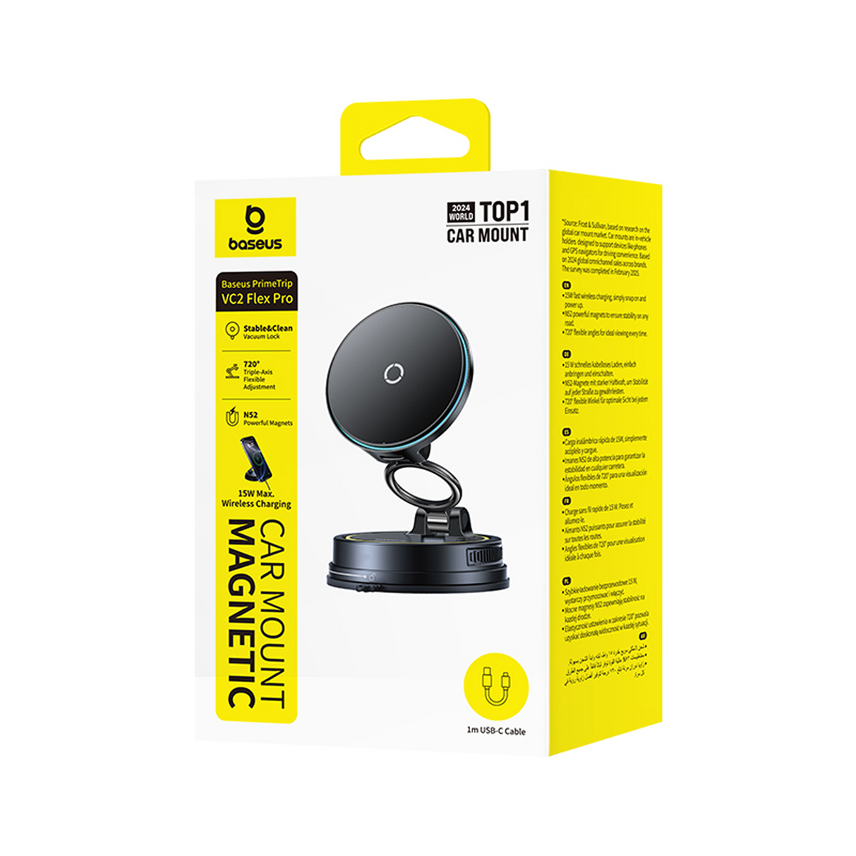 Auto-Halterung Box mit Produktbild, Eigenschaften und Text. Top1 Auto-Halterung, Baseus PrimeTrip VC2 Flex Pro.