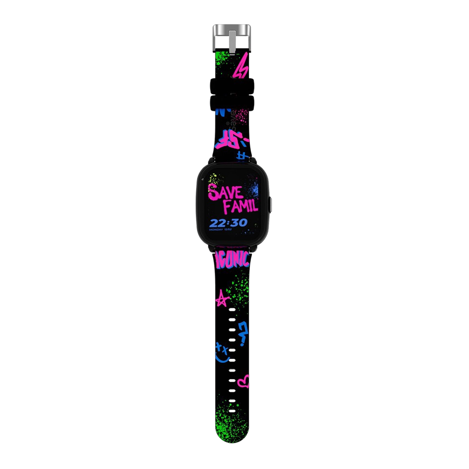 Schwarze Smartwatch mit Graffiti-Design. Mit den Schriftzügen 'Save Famil' und 'Iconic'. Band mit bunten Stern- und Smiley-Mustern.