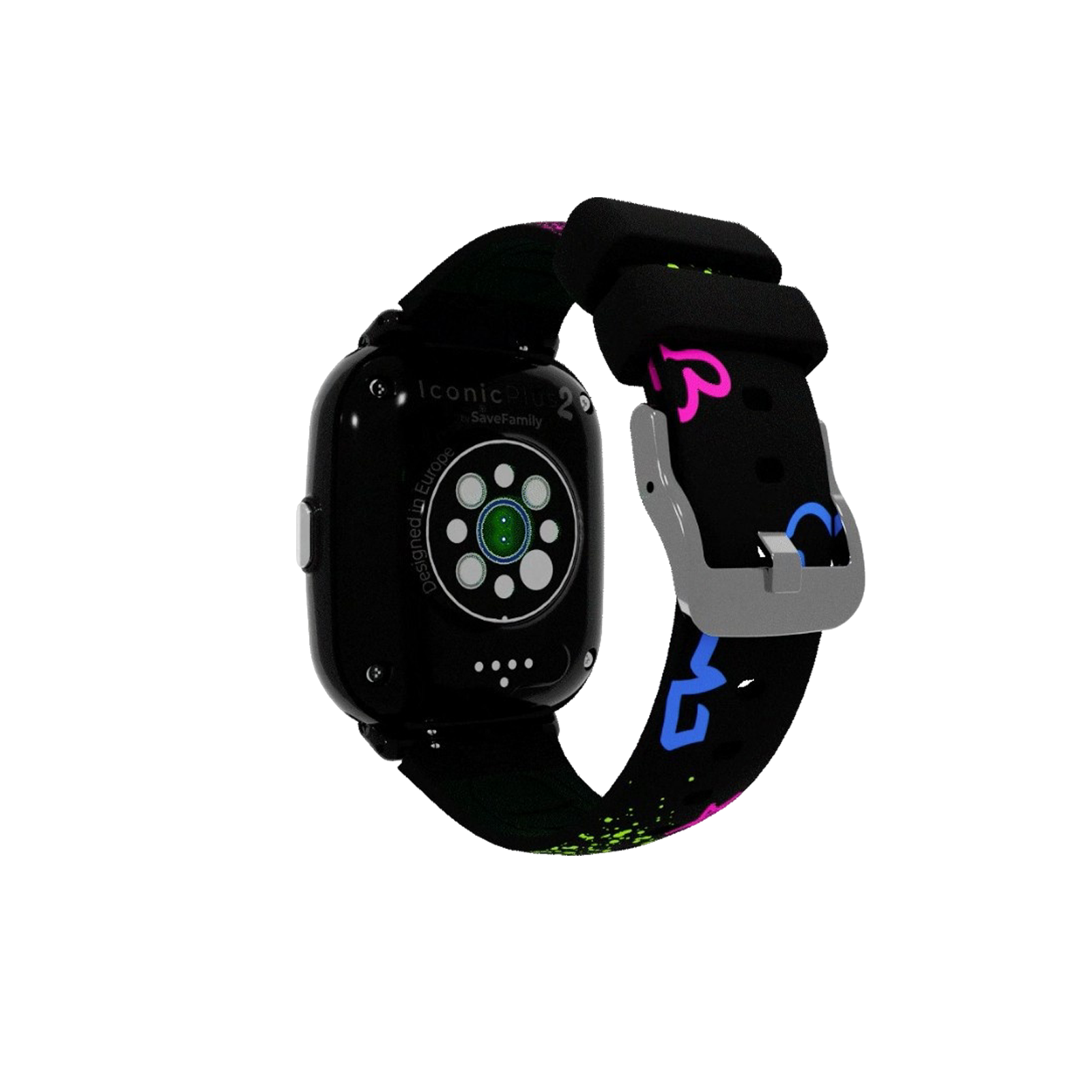Schwarze Smartwatch mit buntem Armband. Sie hat einen Herzfrequenzsensor und eine Schnalle. Die Rückseite ist schwarz mit Text.