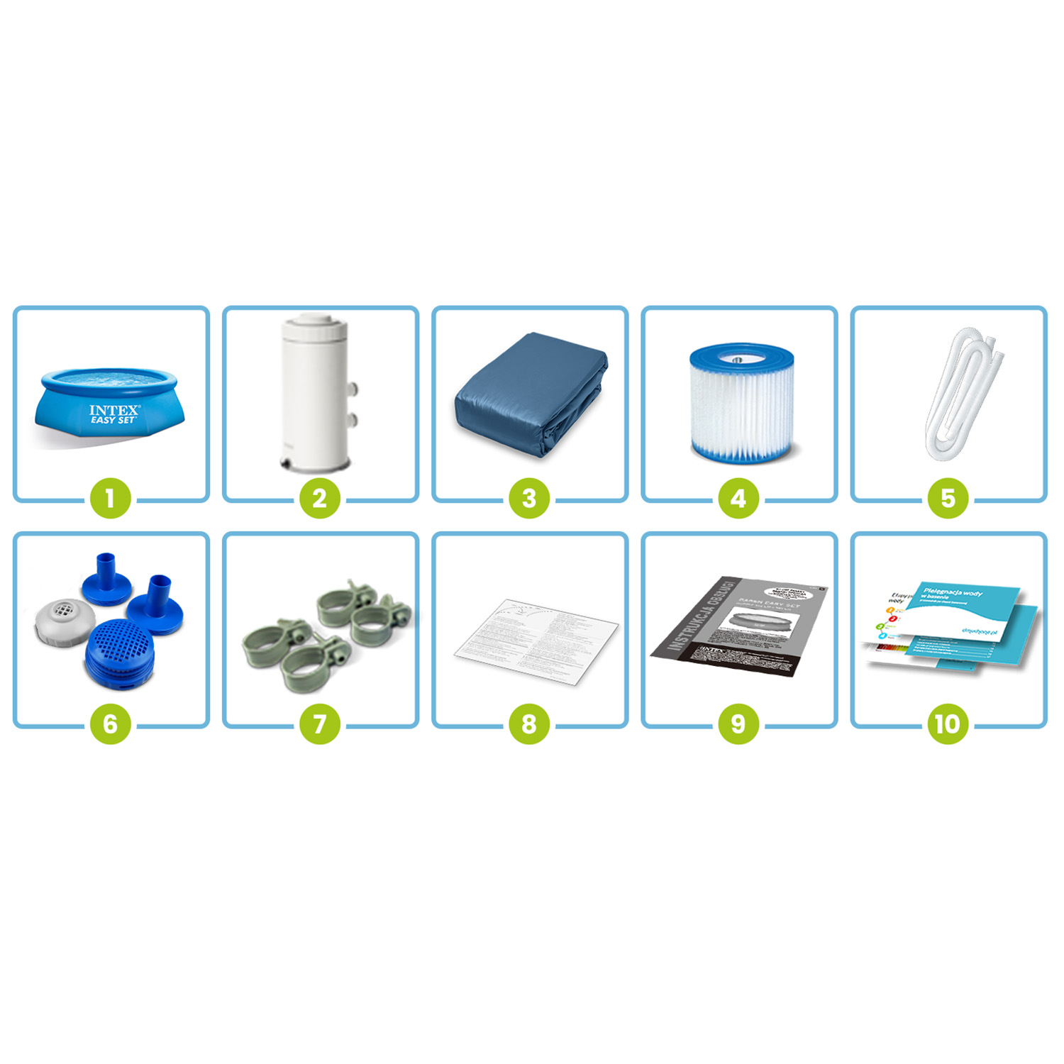 Obraz przedstawia akcesoria basenowe: niebieski basen, biały filtr, pokrywę, instrukcje i inne części.
