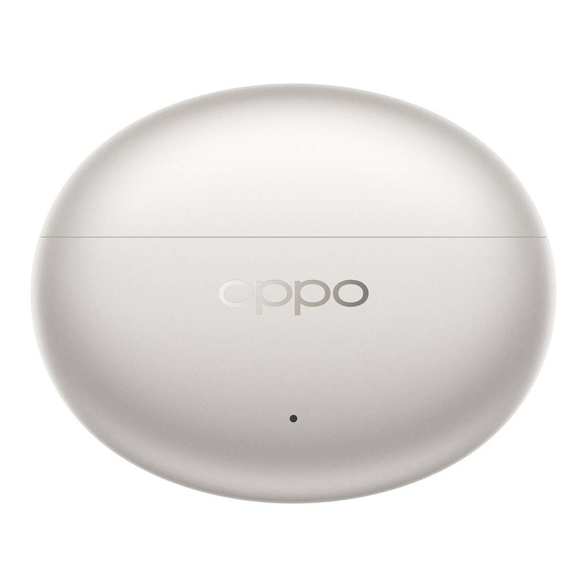 Ein weißes, abgerundetes OPPO-Ohrhörer-Ladecase. Der Markenname ist auf der Vorderseite aufgedruckt. Ein kleiner Punkt befindet sich unter dem Logo.