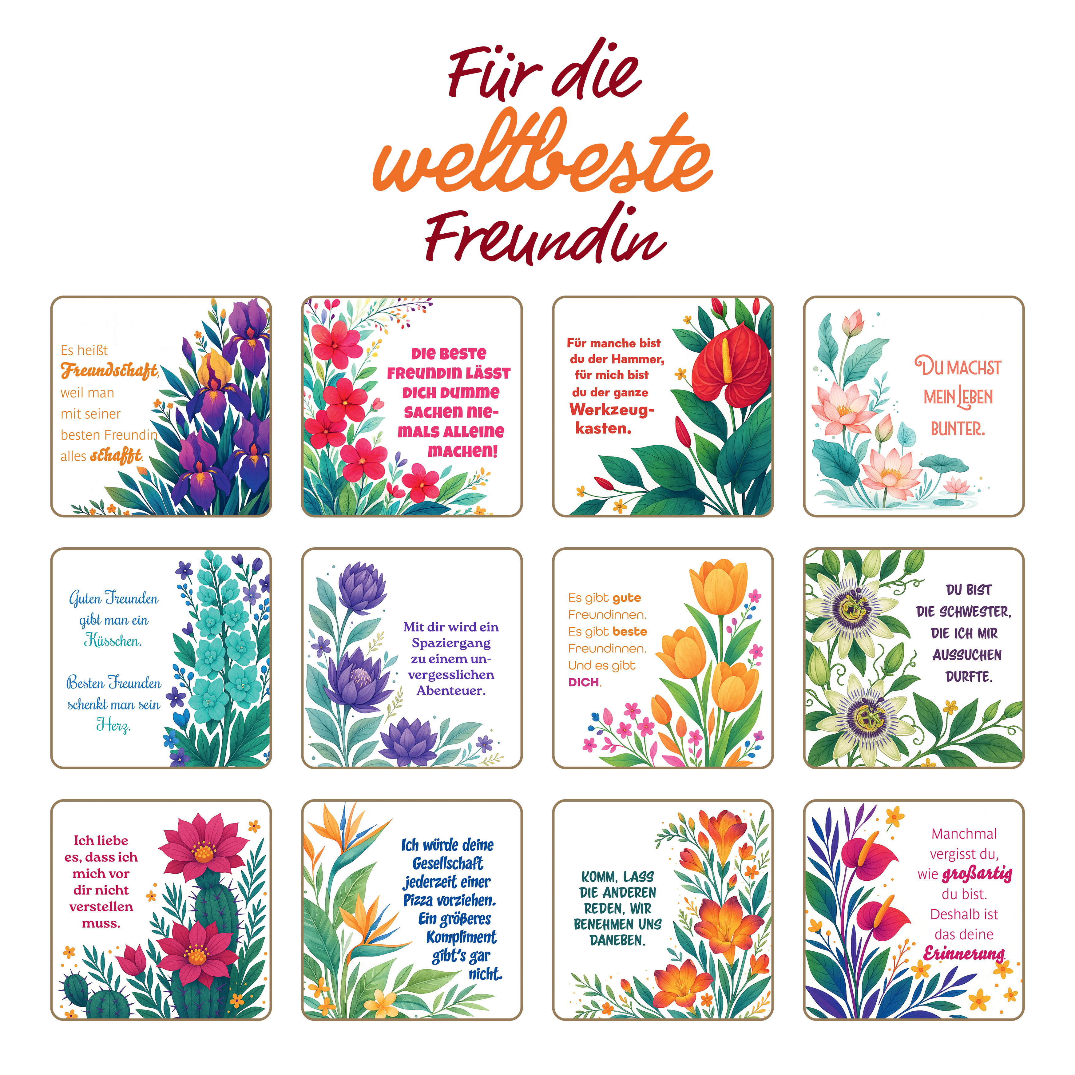 Karte mit Text für eine Freundin, mit Blumen und einer handschriftlichen Schrift. Der Titel lautet: Für die beste Freundin.