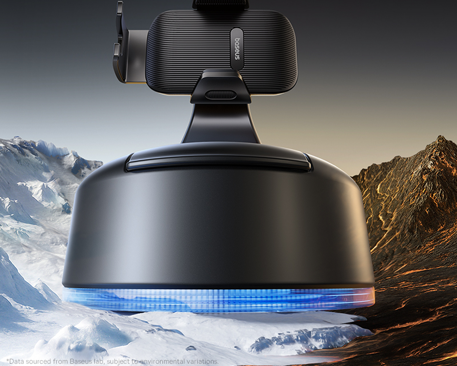 Supporto per telefono da auto nero con luce blu, su sfondo di montagne innevate e paesaggio vulcanico.
