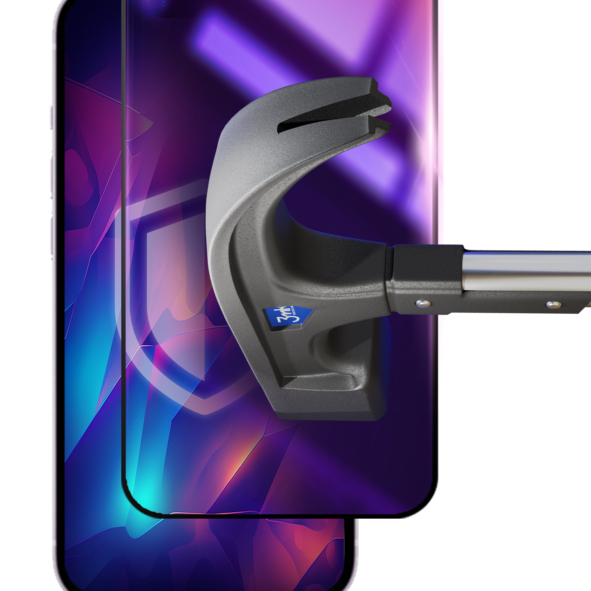 Un telefono con protezione schermo e uno strumento. Lo sfondo è una sfumatura viola. Un'area bianca è a destra.