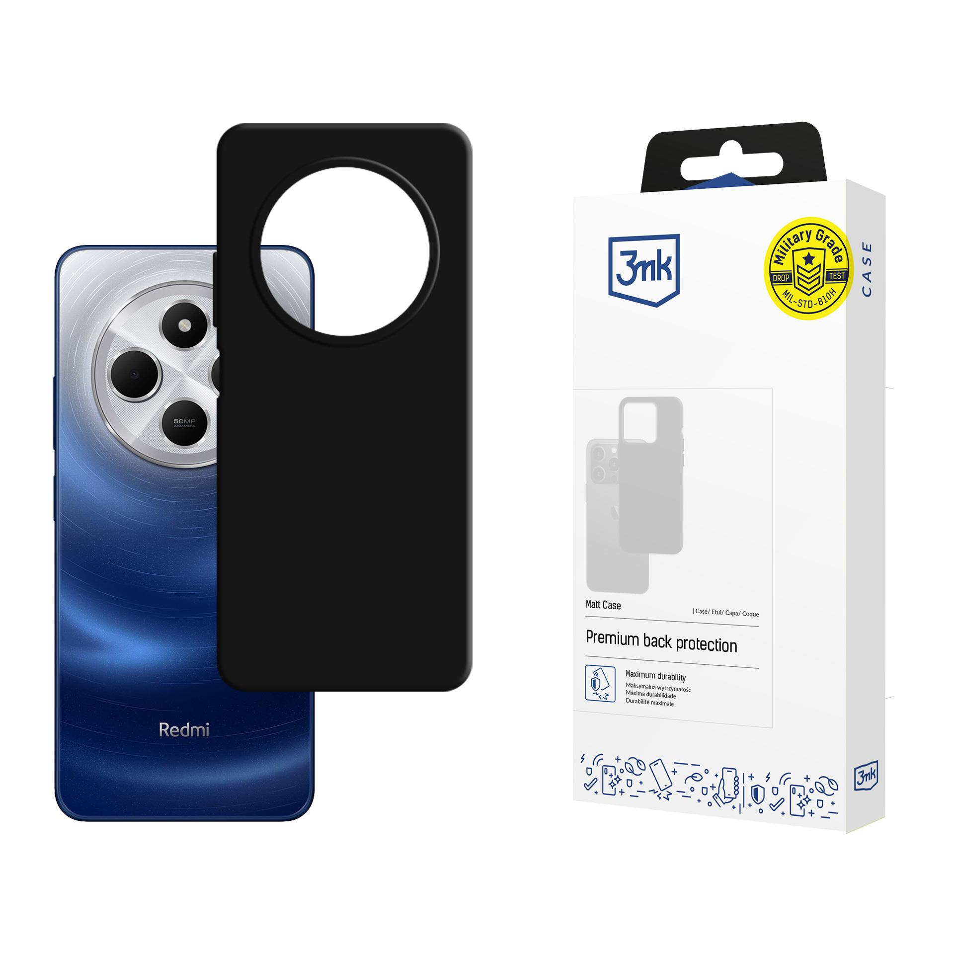 Etui na telefon i telefon są na wystawie. Telefon jest niebieski z logo Redmi. Etui jest czarne.