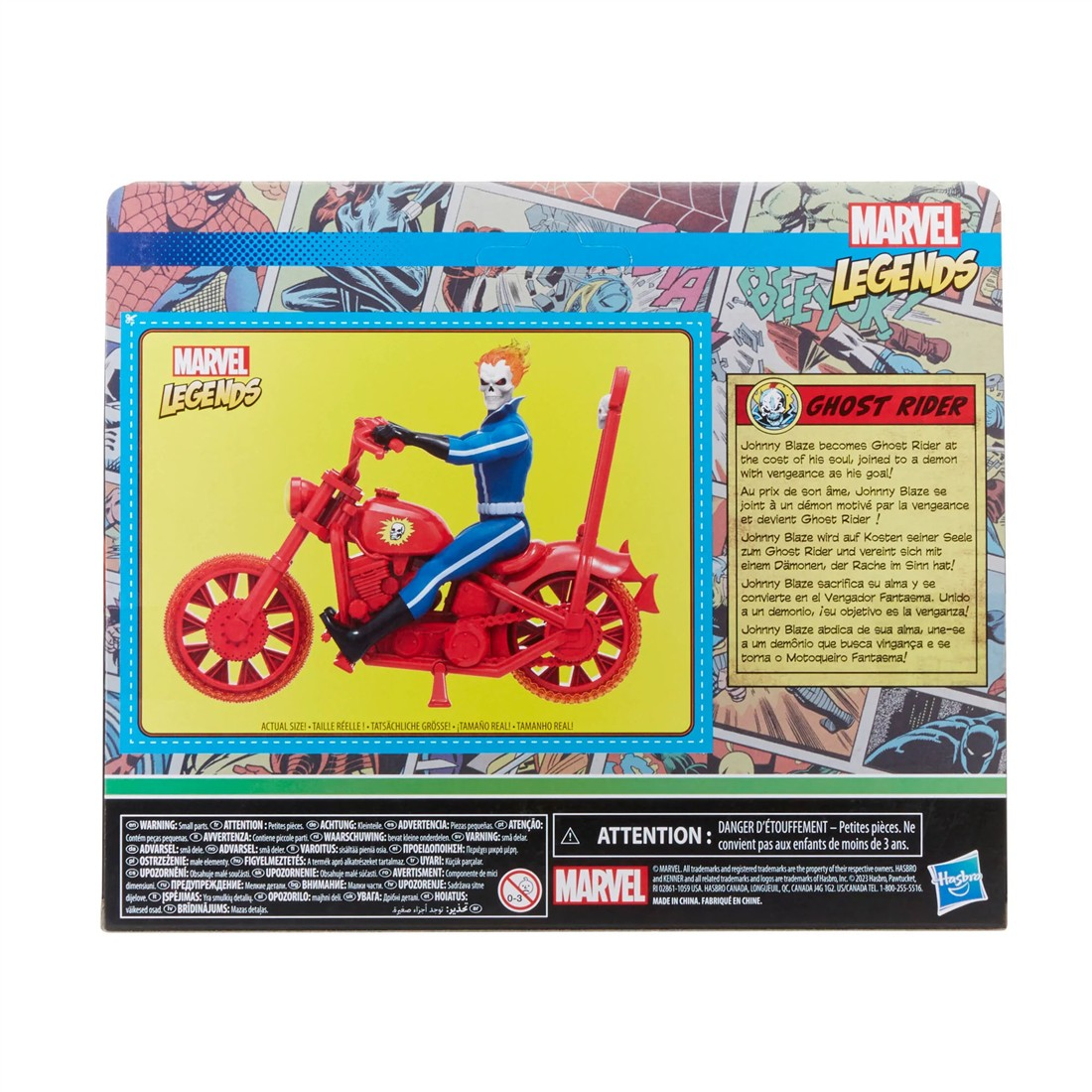 Figura de Ghost Rider en moto roja, en caja Marvel Legends.
