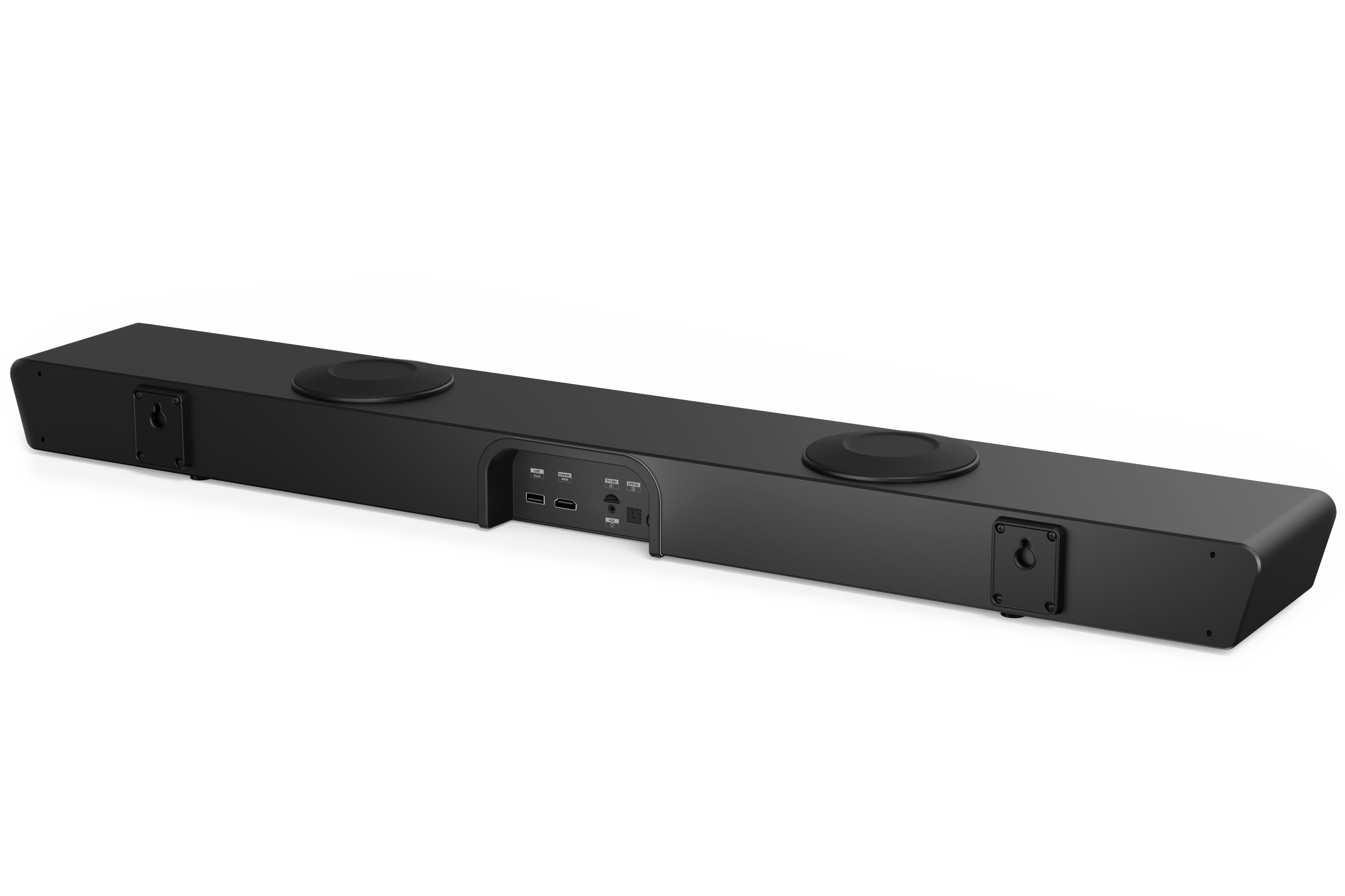 Una barra de sonido negra con dos objetos circulares en la parte superior. Tiene varios puertos en la parte trasera.