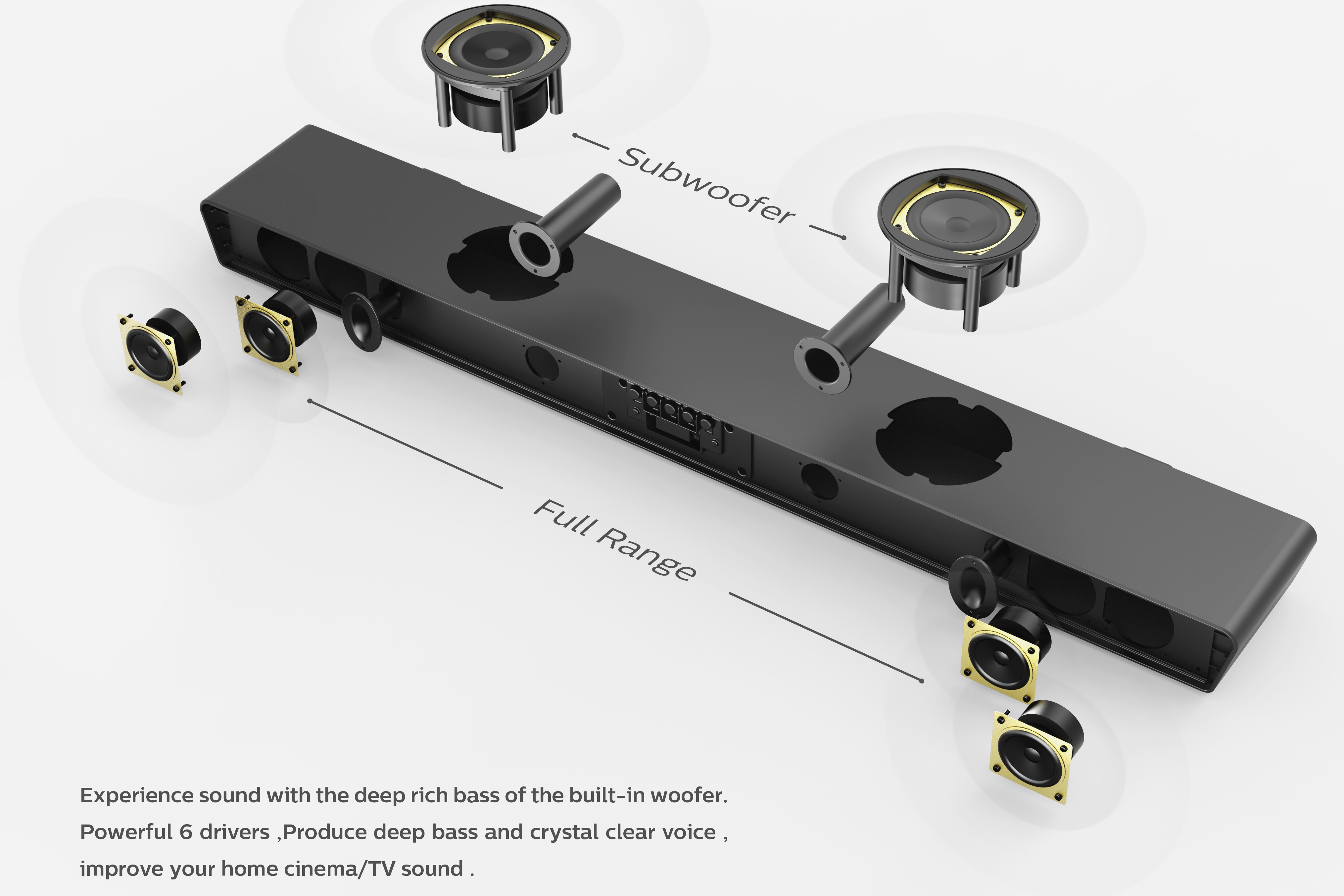 Una barra de sonido negra con múltiples altavoces, incluyendo dos subwoofers y altavoces más pequeños con detalles dorados.