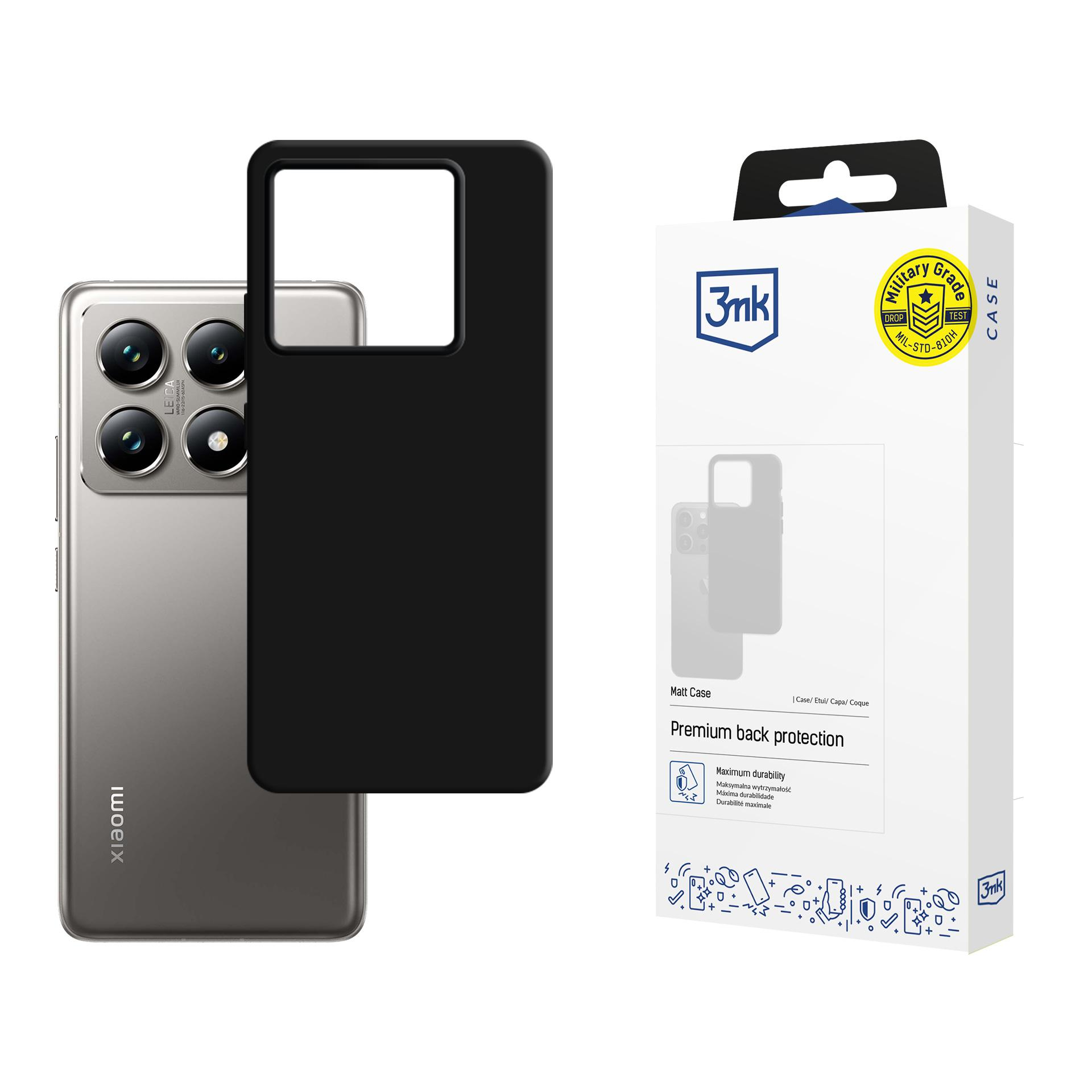Obraz przedstawia telefon, czarne etui i pudełko. Telefon posiada aparaty Leica. Na pudełku znajduje się logo 3mk i napis 'Military Grade Case'.