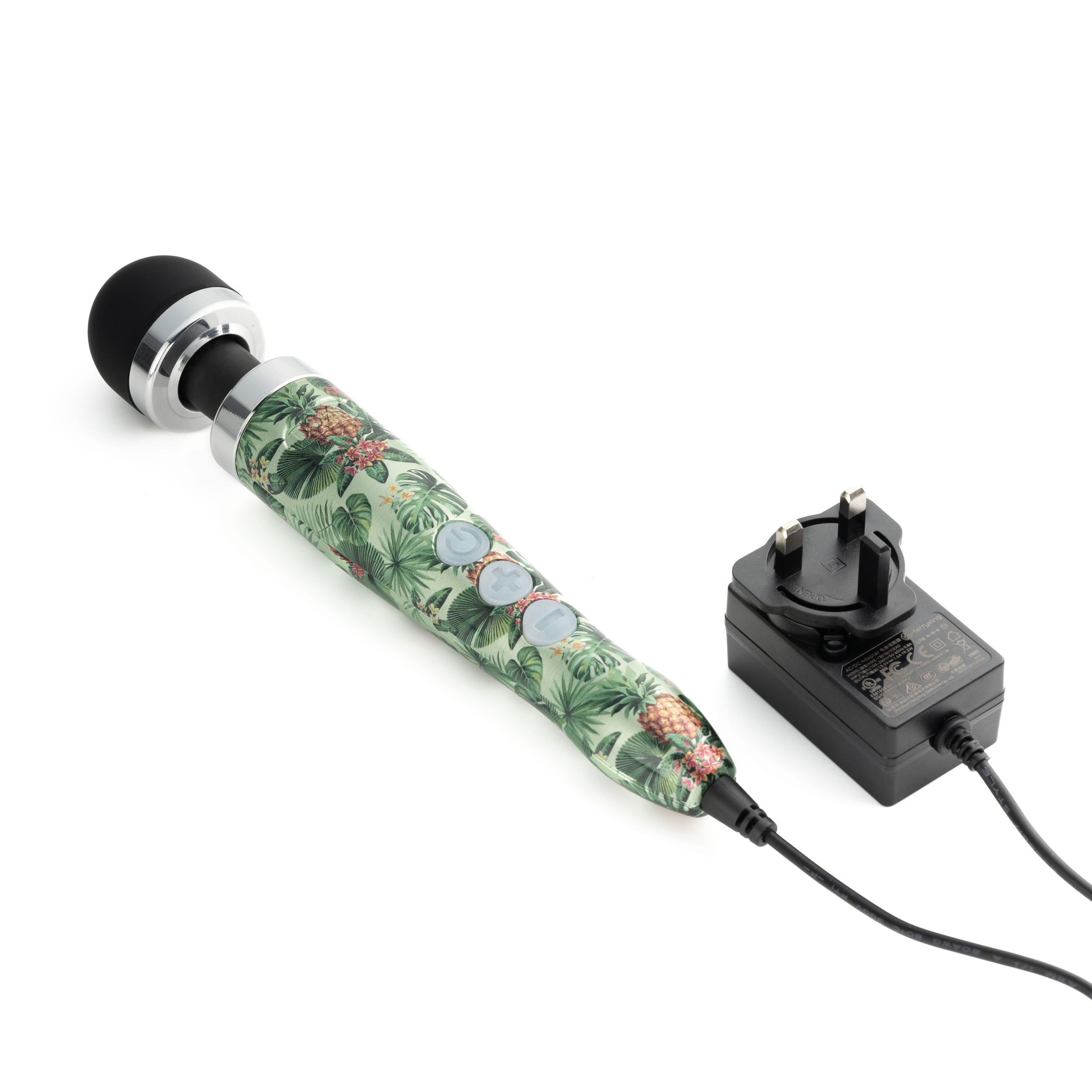 Ein gemusterter Vibrator mit Ladegerät auf weißem Hintergrund. Der Vibrator hat Knöpfe und einen schwarzen Kopf.