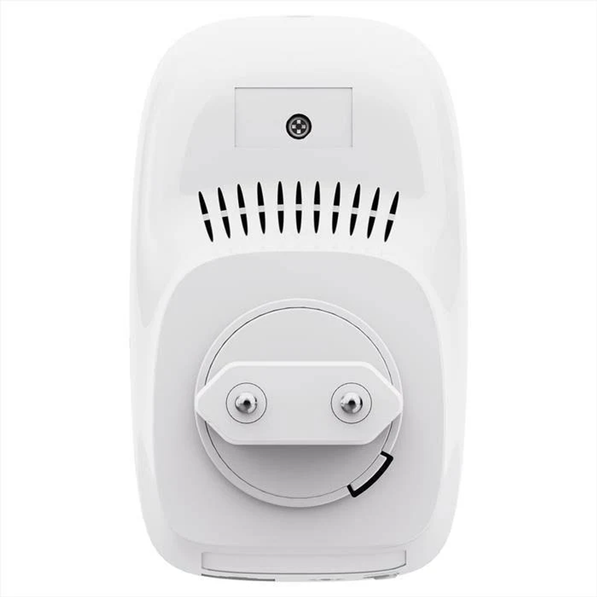 Un dispositivo eléctrico blanco con enchufe, ranuras de ventilación y un pequeño detalle redondo en la parte superior. El enchufe está centrado.
