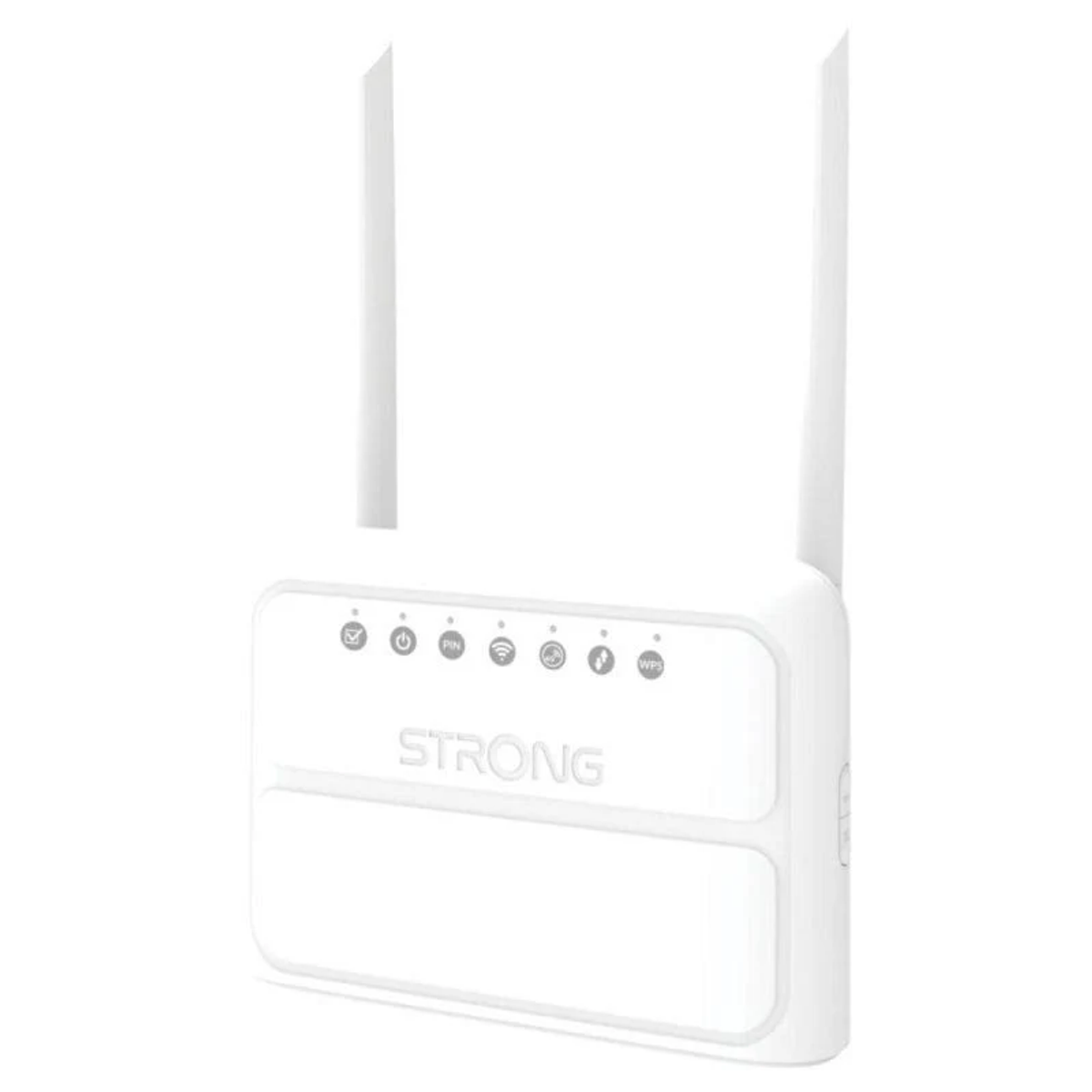 Weißer Strong WLAN-Router mit zwei Antennen. Er hat Kontrollleuchten und den Markennamen auf der Vorderseite.
