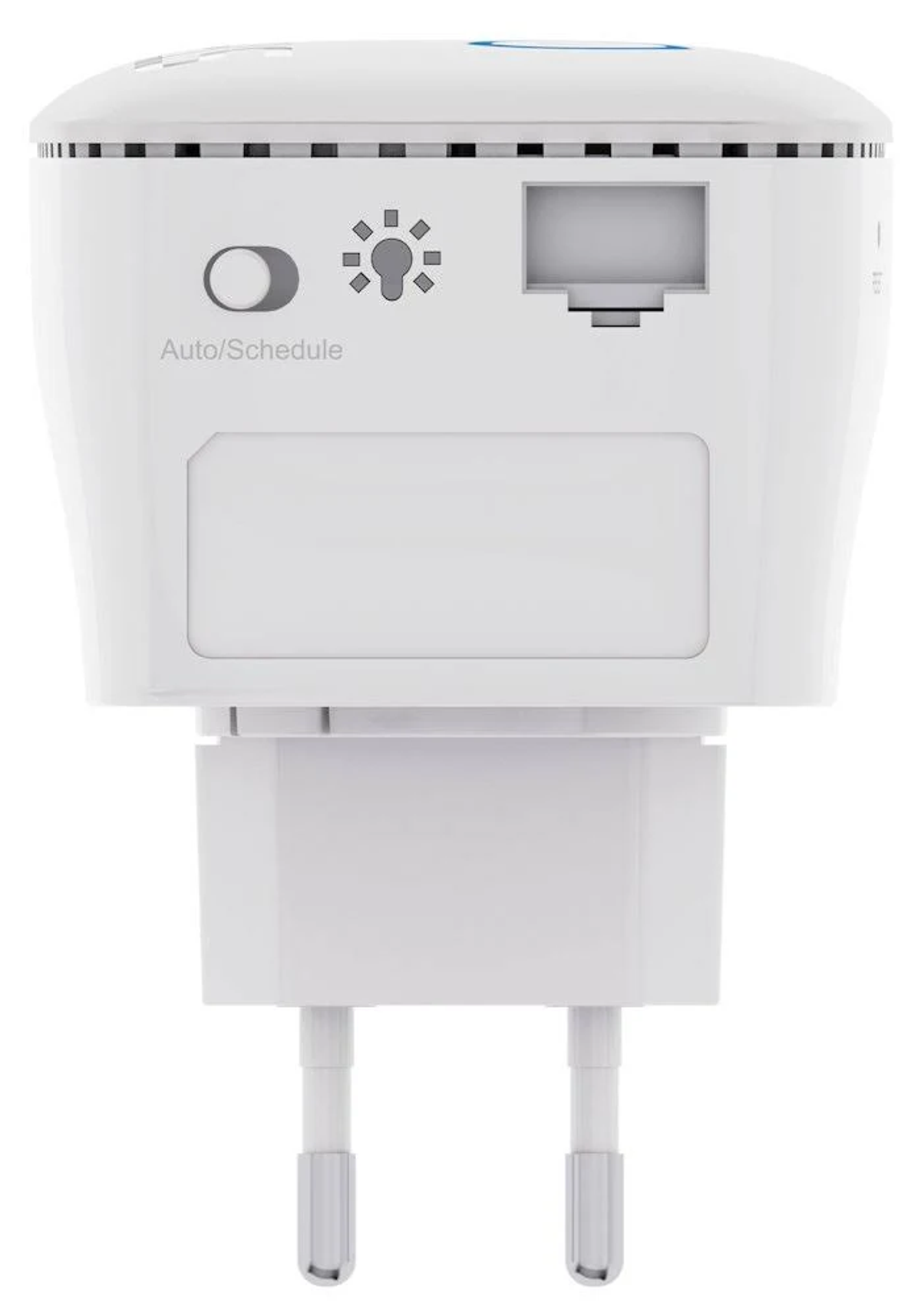 Un dispositivo electrónico blanco con enchufe. Tiene un interruptor 'Auto/Schedule' e icono de bombilla. Se ven dos clavijas.