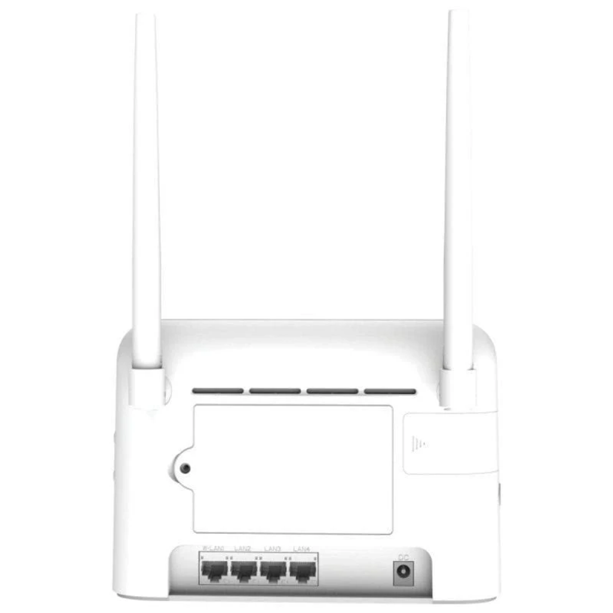 Weißer Router mit zwei Antennen. Ports für LAN und WAN sind sichtbar. Stromanschluss unten.