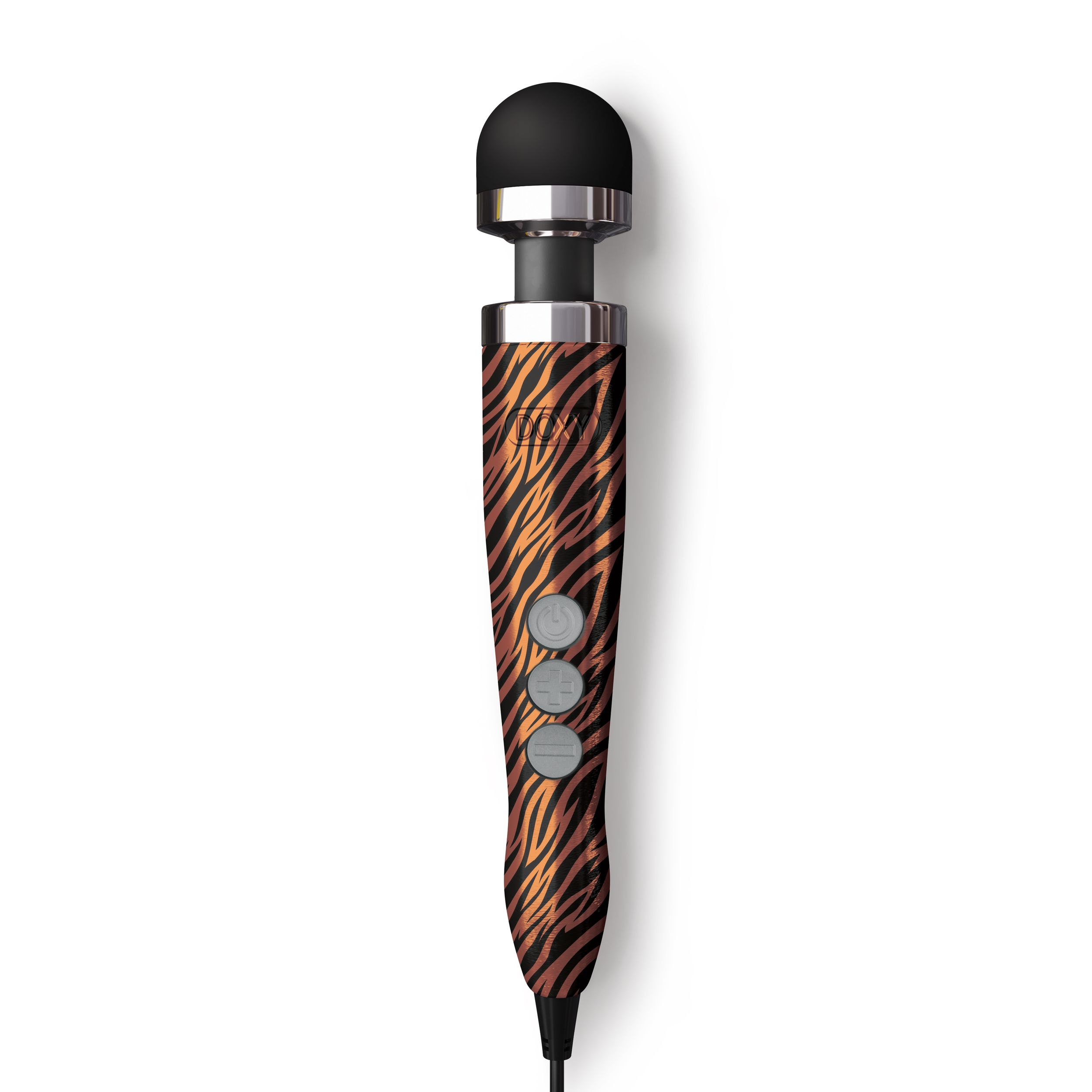 Ein Doxy-Zauberstab-Vibrator mit schwarzem Kopf, Zebrastreifen und Steuertasten auf Weiß.