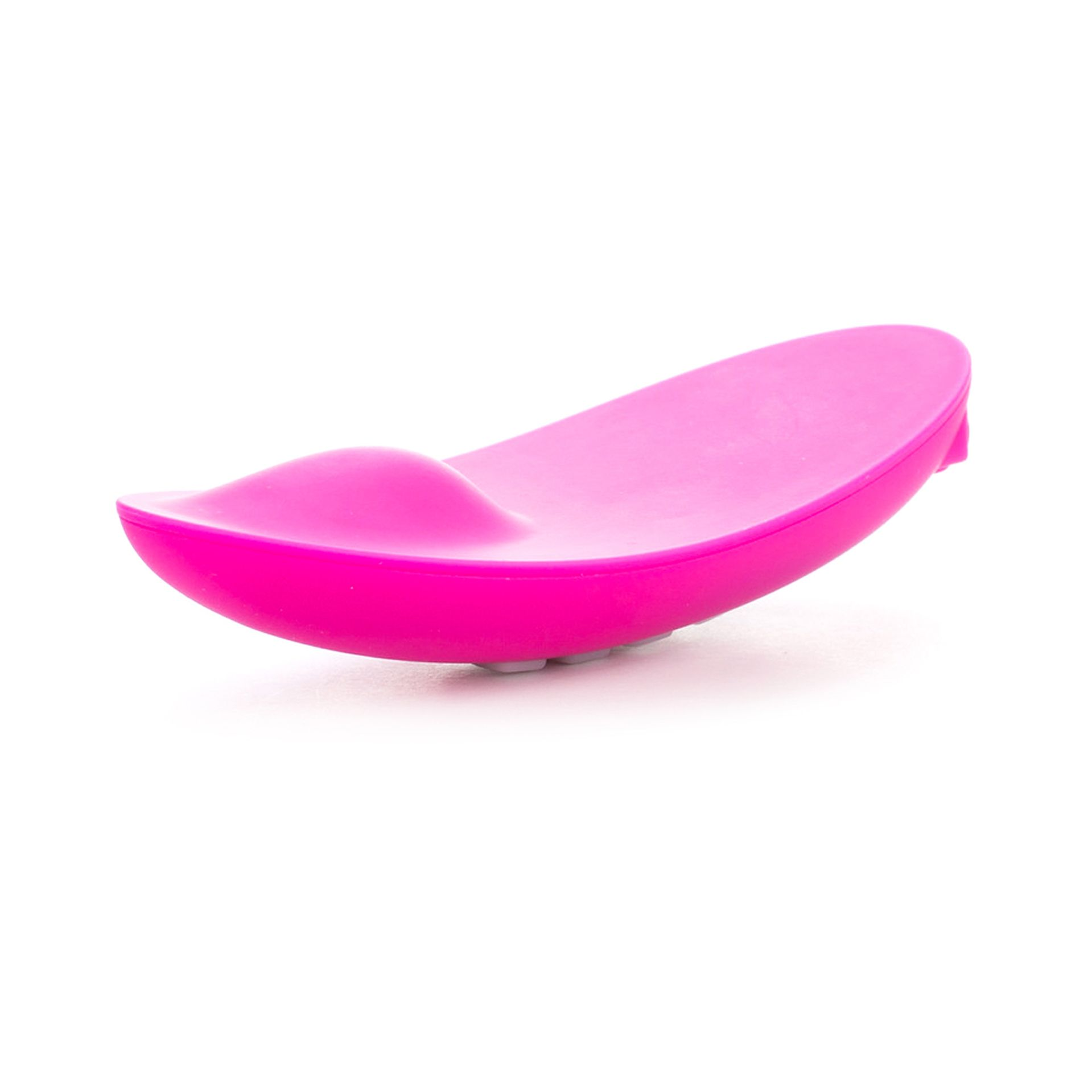 Ein rosa, gebogenes, ergonomisches Gerät, möglicherweise ein Sexspielzeug, vor weißem Hintergrund.