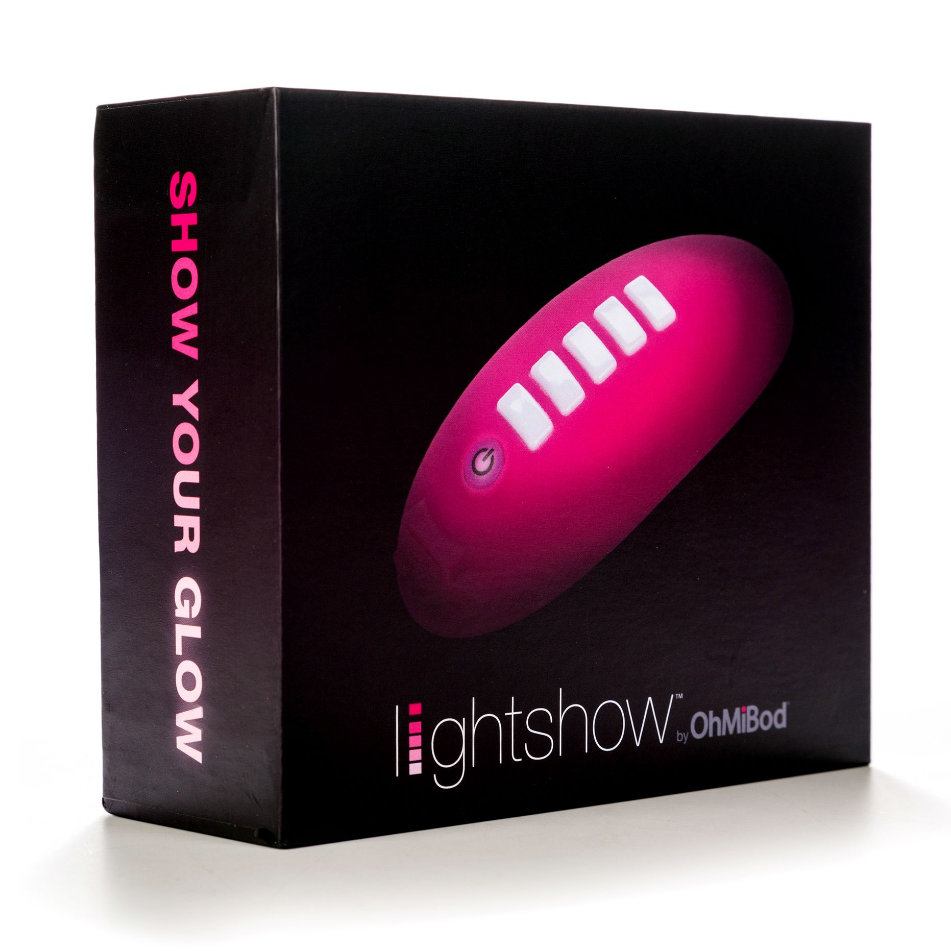 Box mit rosa Vibrator-Design. Text 'Show Your Glow' und 'lightshow by OhMiBod'.
