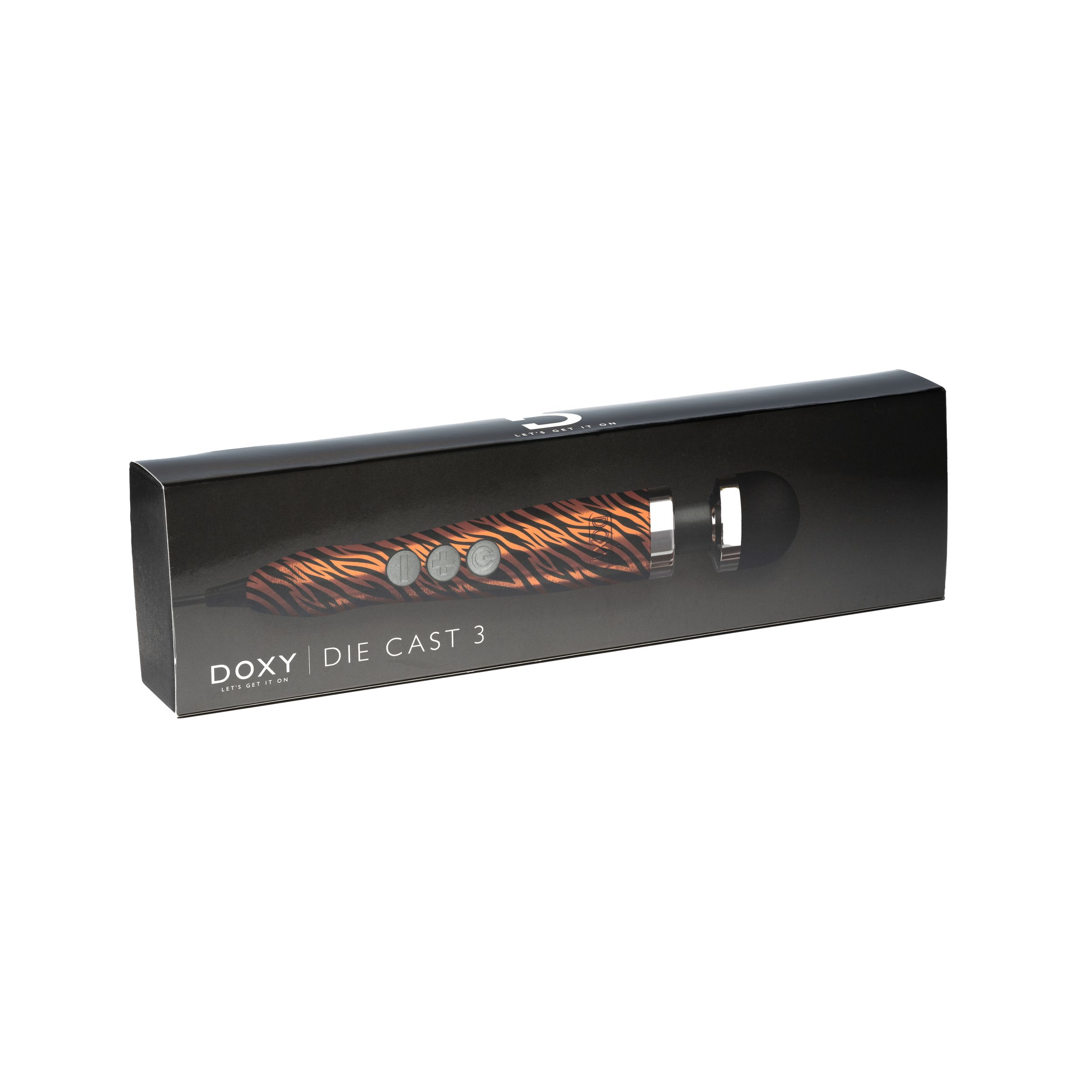 Eine schwarze Schachtel mit einem Vibrator darin. Es hat ein orange-schwarzes Zebramuster. Die Marke ist Doxy.