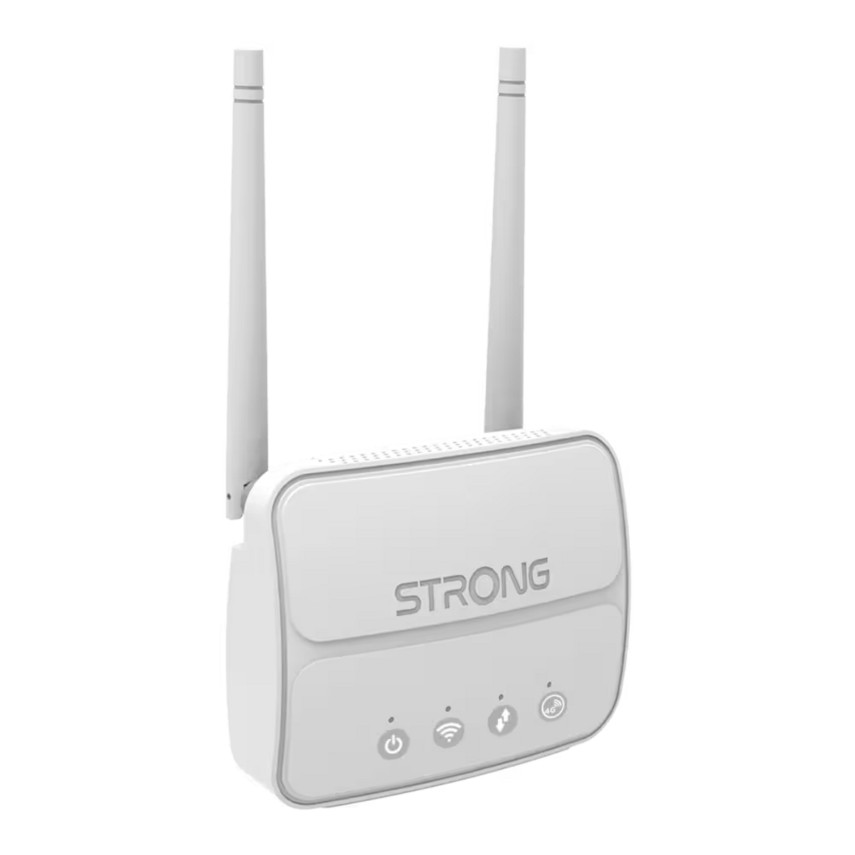 Un router blanco con dos antenas. Tiene la marca 'STRONG' y varias luces indicadoras.
