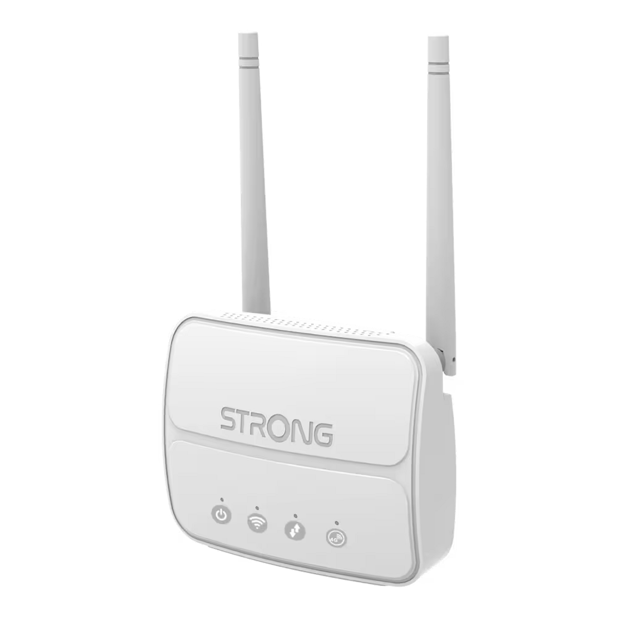 Router blanco con dos antenas y la palabra STRONG. Cuenta con cuatro luces indicadoras en la parte inferior. Aislado sobre fondo negro.
