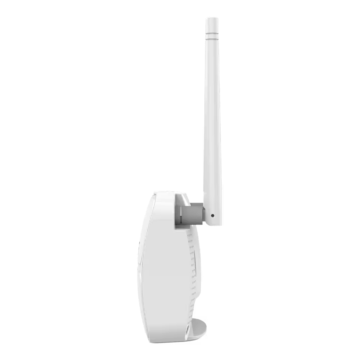 Un enrutador blanco con una antena alta sobre un fondo negro. La antena es vertical. El enrutador tiene un cuerpo curvo.