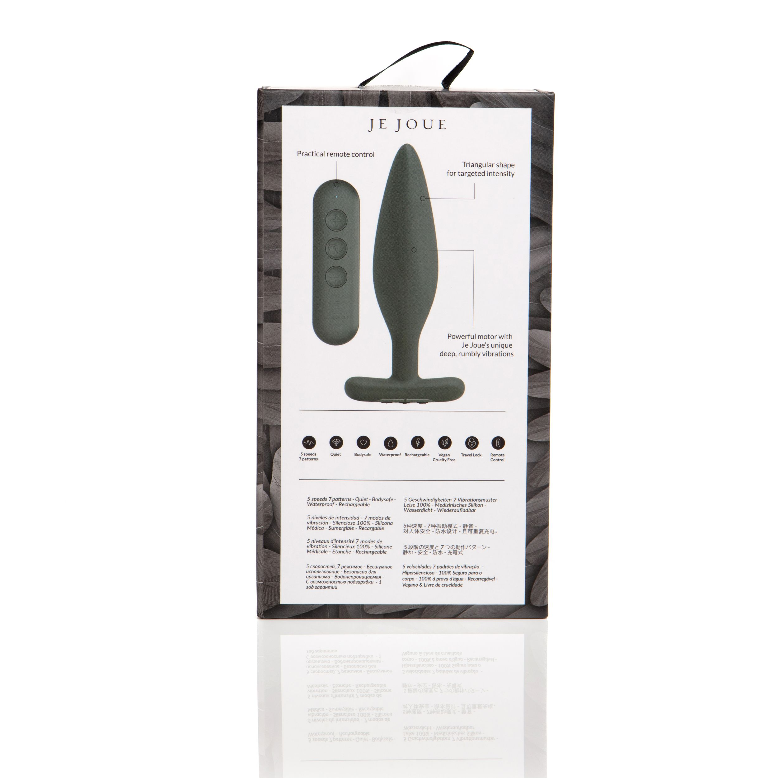 Schachtel zeigt einen grauen Vibrator und Fernbedienung, mit der Aufschrift 'Je Joue'.