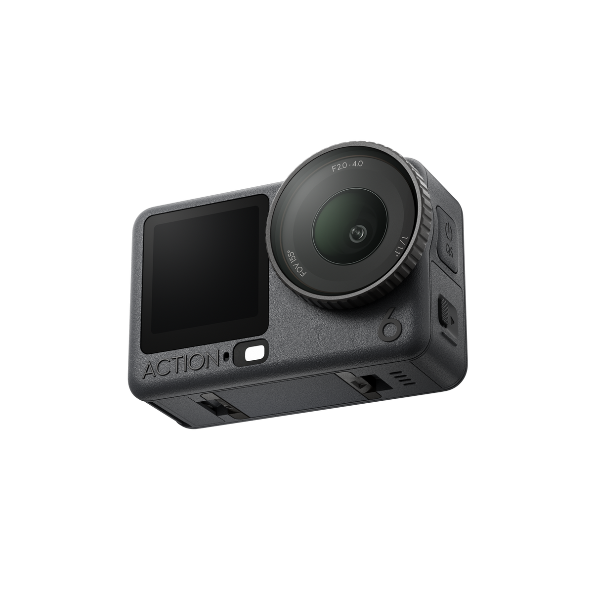 Ciemnoszara kamera sportowa z dużym obiektywem i małym ekranem na czarnym tle. Widoczne jest słowo ACTION.