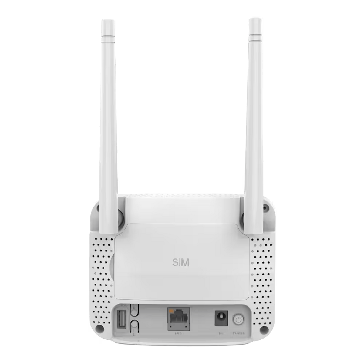 Enrutador blanco con dos antenas. Tiene puertos SIM, LAN y de alimentación. El fondo es negro.