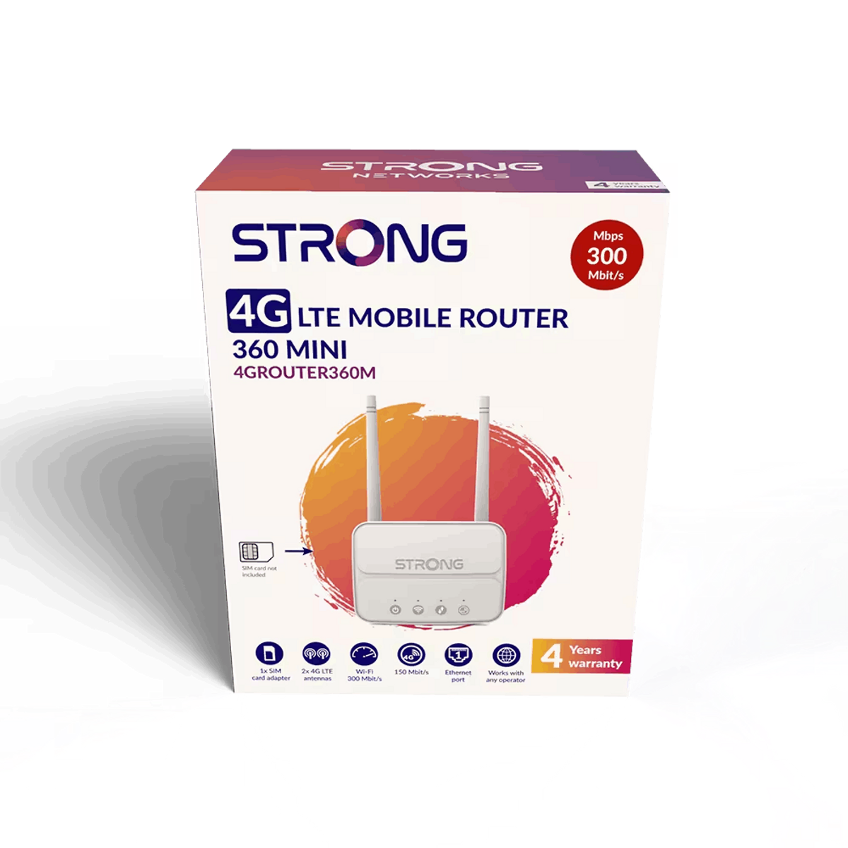 Caja que muestra un ROUTER MÓVIL 4G LTE STRONG. Es blanco con antenas y texto sobre sus características y 4 años de garantía.