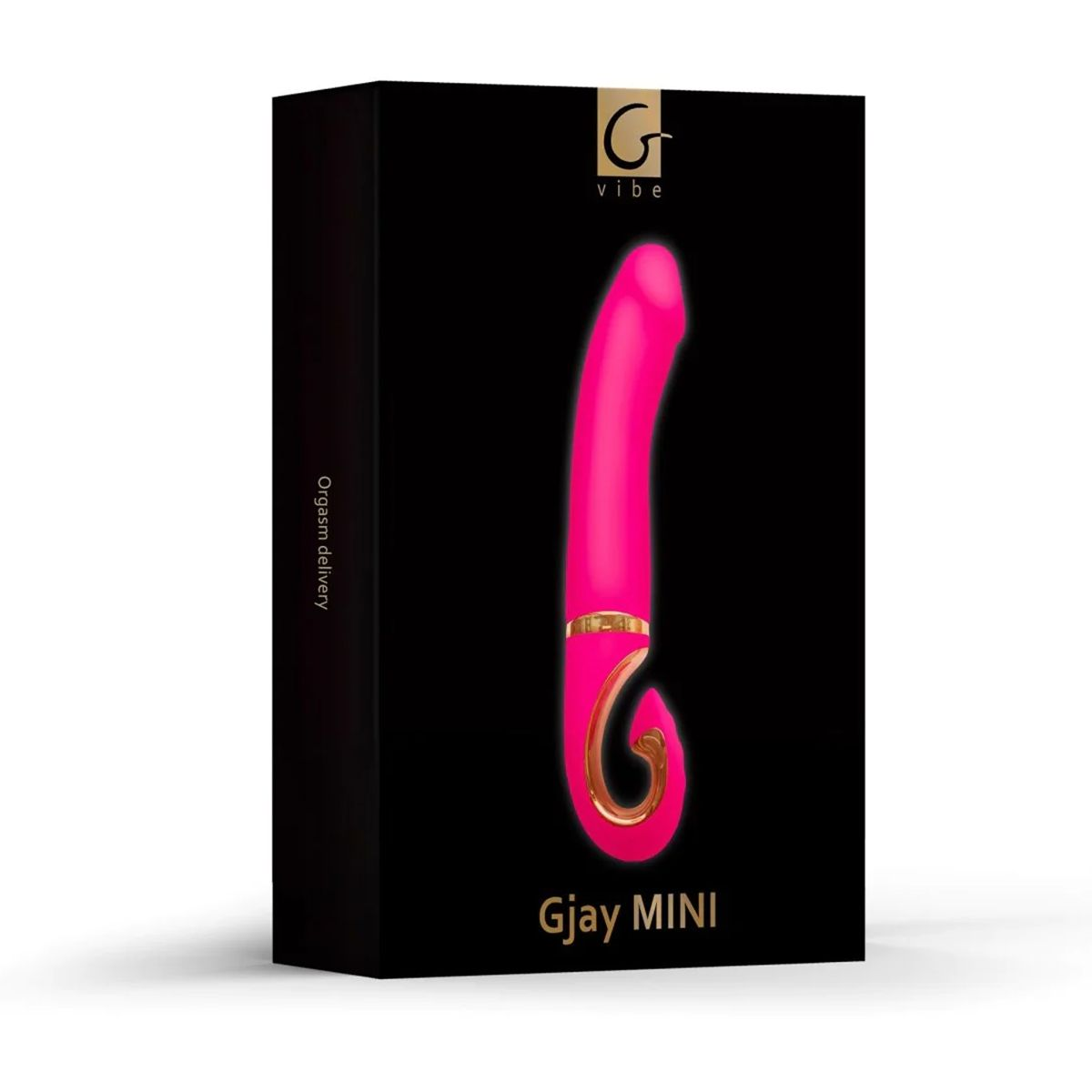 Ein pinkfarbenes G-Vibe Gjay MINI Produkt auf einer schwarzen Schachtel. Die Schachtel enthält den Text: "Orgasms delivery". Das Produkt ist pink und hat einen goldenen Akzent.