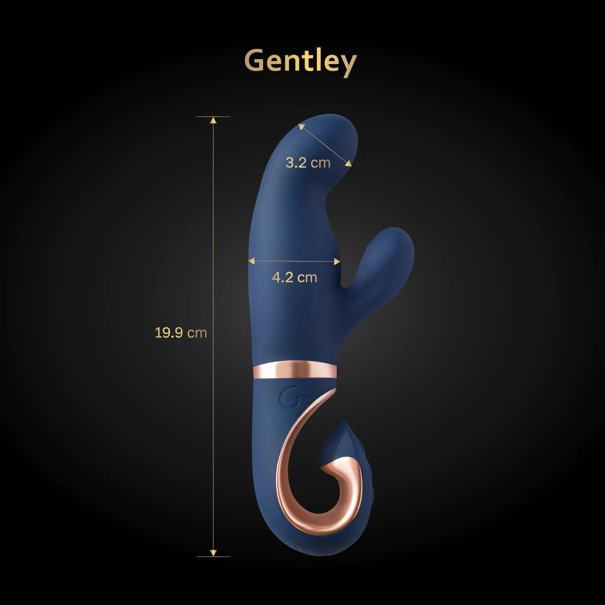 Dunkelblaues Sexspielzeug mit goldenen Akzenten, beschriftet mit "Gentley". Maße: 19,9 cm lang, 3,2 cm und 4,2 cm breit.