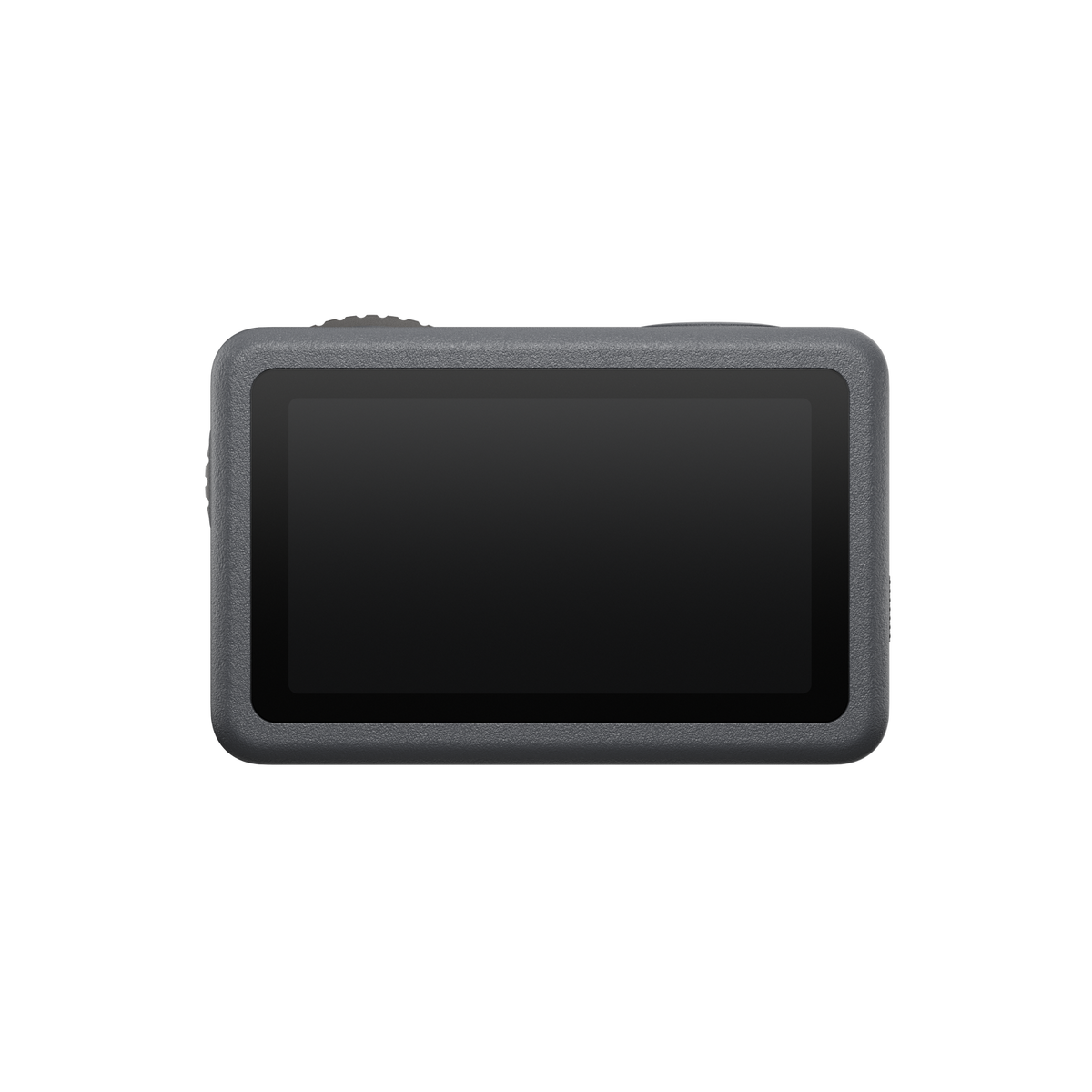 Szara kamera sportowa z czarnym ekranem, wyśrodkowana na czarnym tle. Kamera ma zaokrąglone rogi i przyciski.