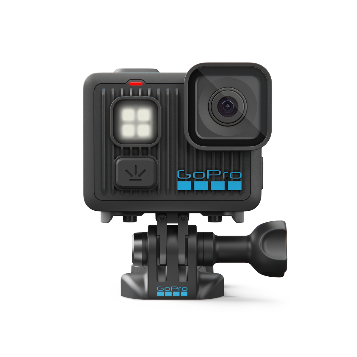 Czarna kamera GoPro z obiektywem, światłem i przyciskami. Ma uchwyt montażowy i logo GoPro w kolorze niebieskim.