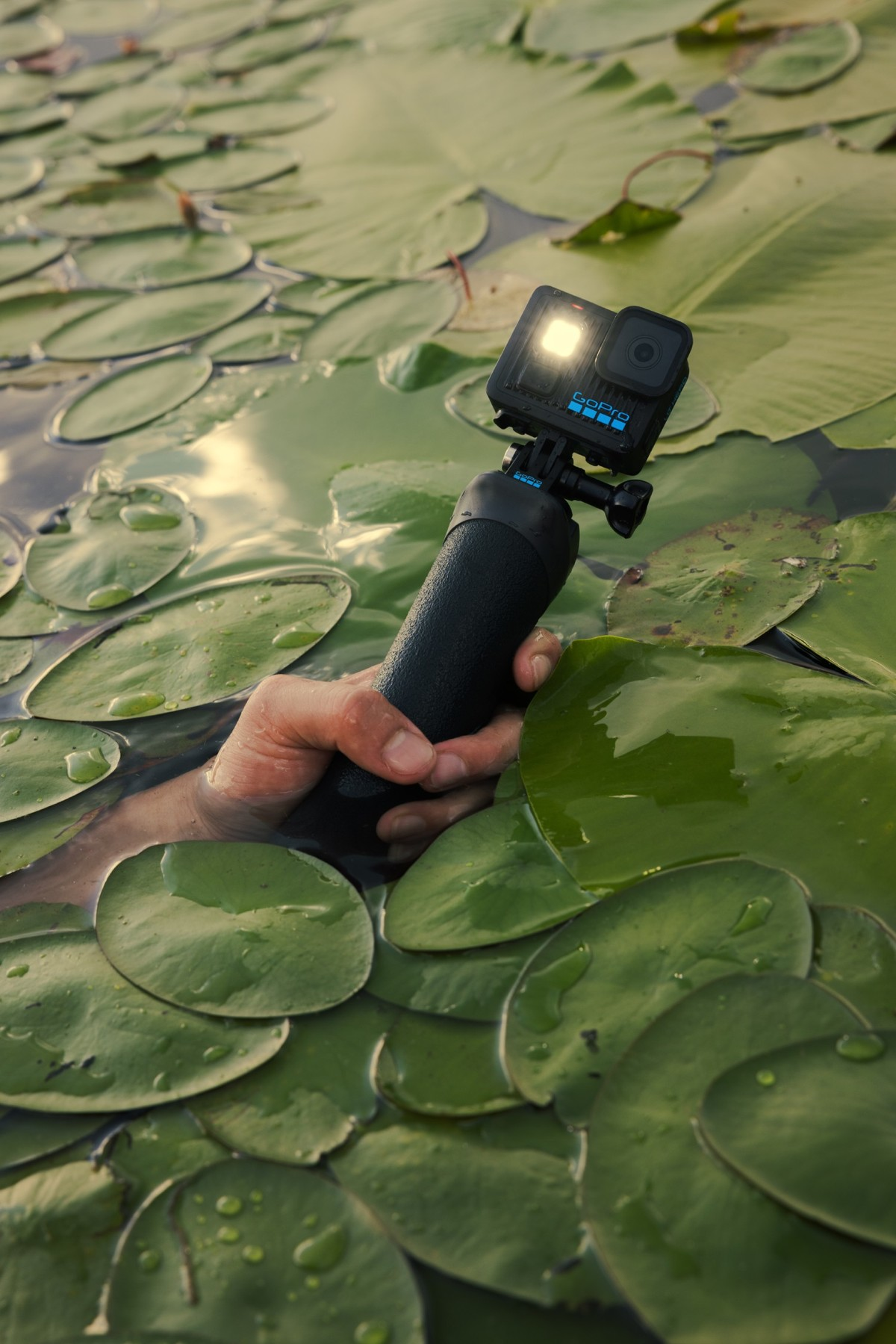Ręka trzyma kamerę GoPro na patyku w wodzie z liśćmi lilii.