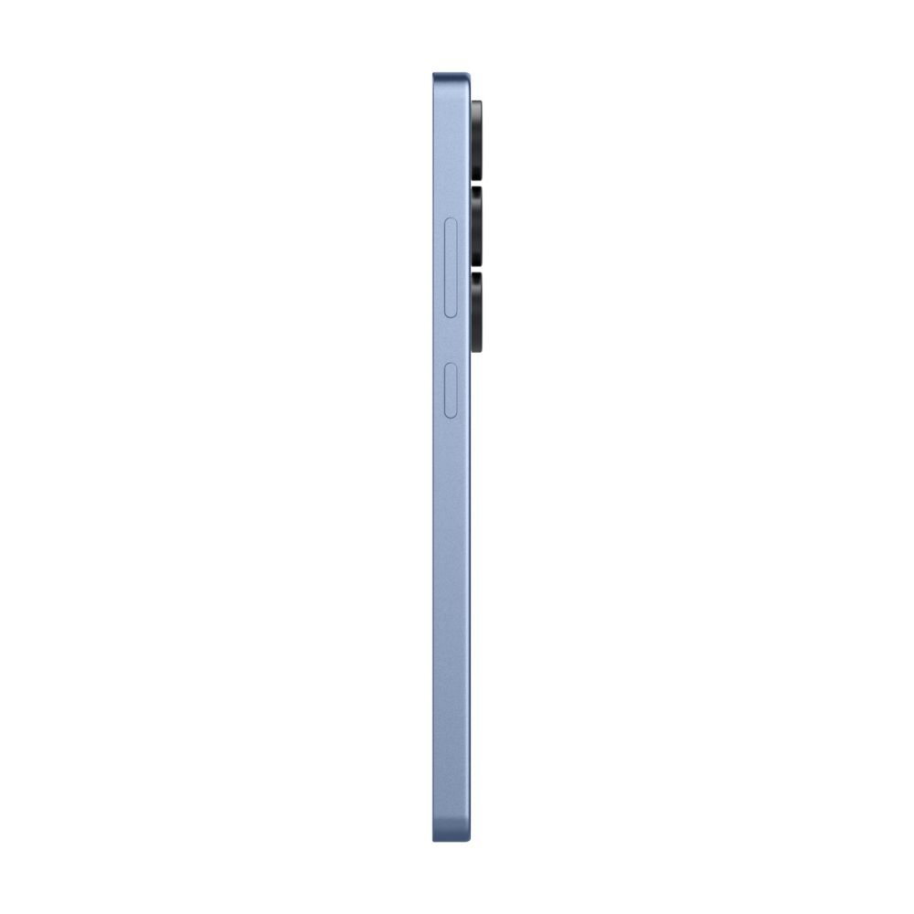 Vue latérale d'un smartphone bleu clair. Il comporte un module caméra avec trois lentilles et des boutons de volume.