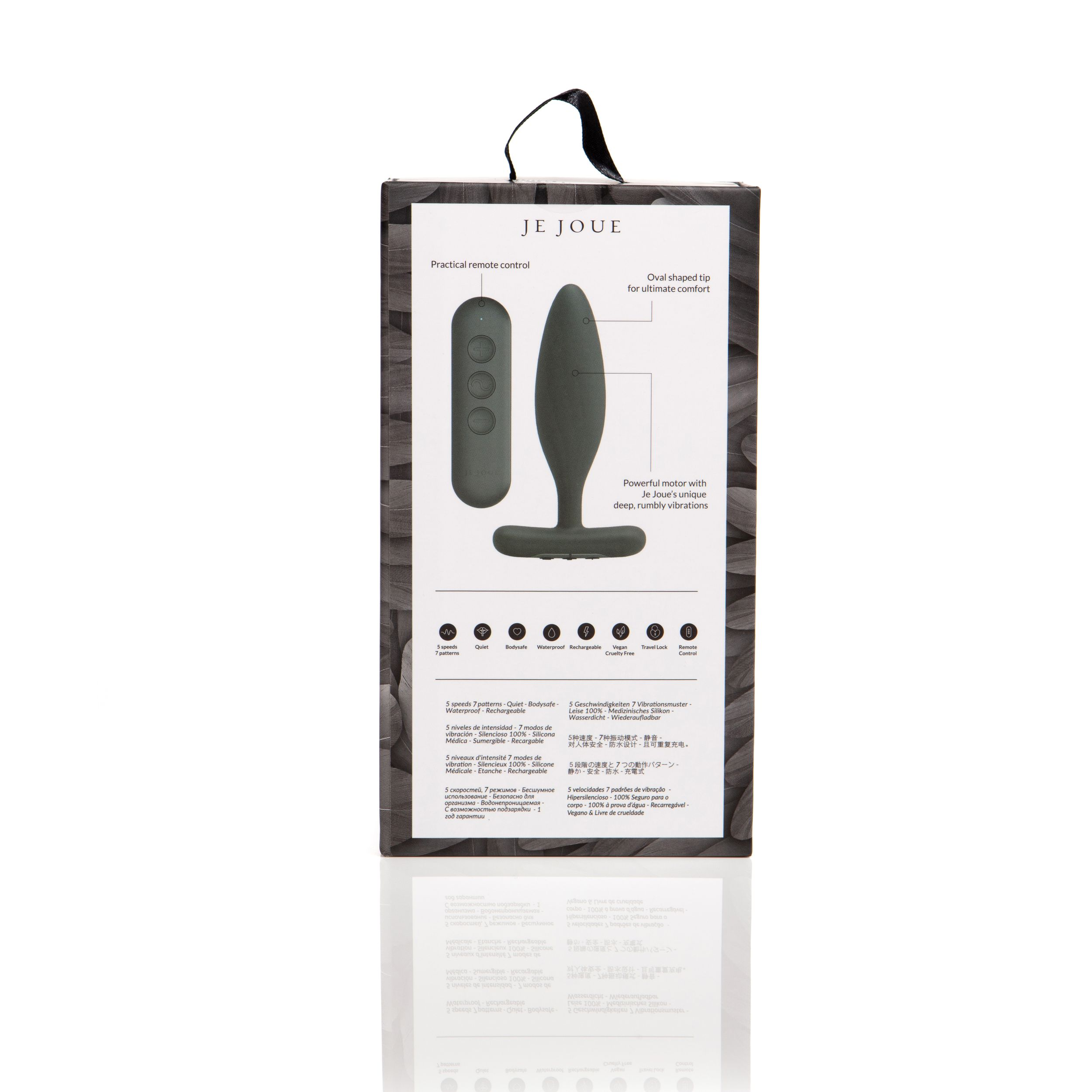 Verpacktes Produkt mit Fernbedienung und Vibrator. Text und Illustrationen auf der Box.