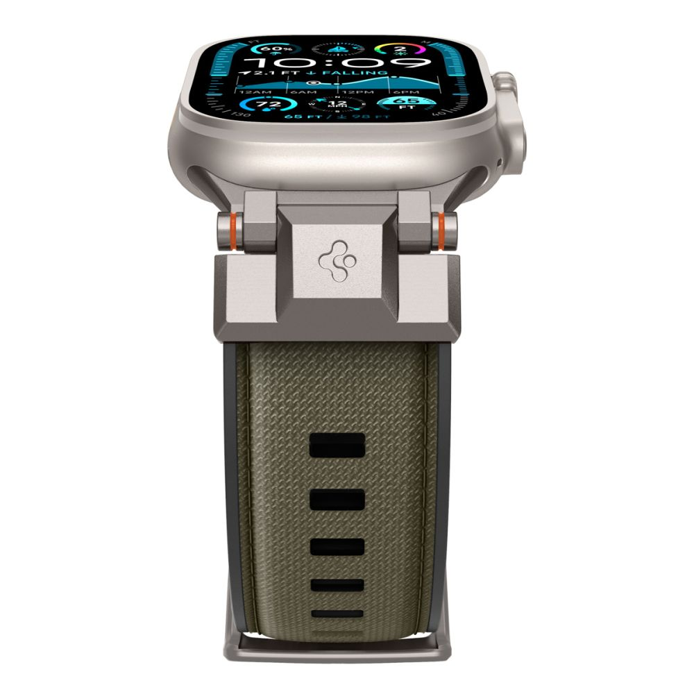 Zbliżenie smartwatcha z metalową ramką i oliwkowym paskiem. Tarcza wyświetla czas i inne dane.