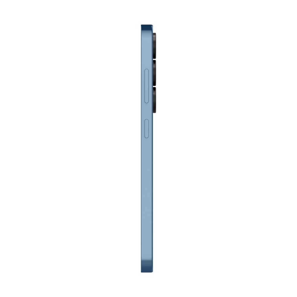 Zijaanzicht van een blauwe smartphone. Het heeft knoppen en een camerabult. De telefoon staat verticaal op een witte achtergrond.