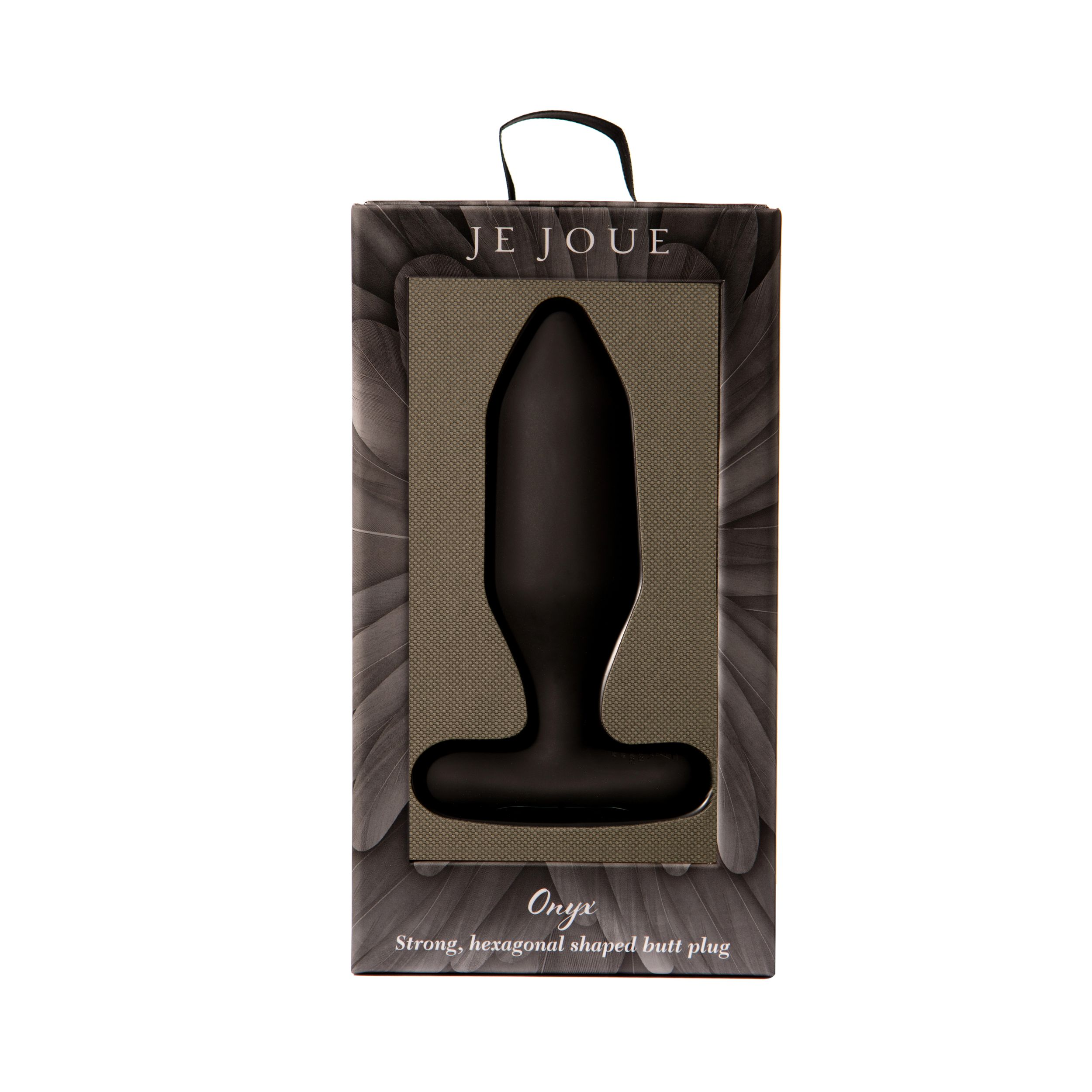 Ein schwarzer Anus-Plug in einer Schachtel. Die Schachtel ist dunkel mit einem Griff. Das Produkt heißt Onyx von Je Joue.