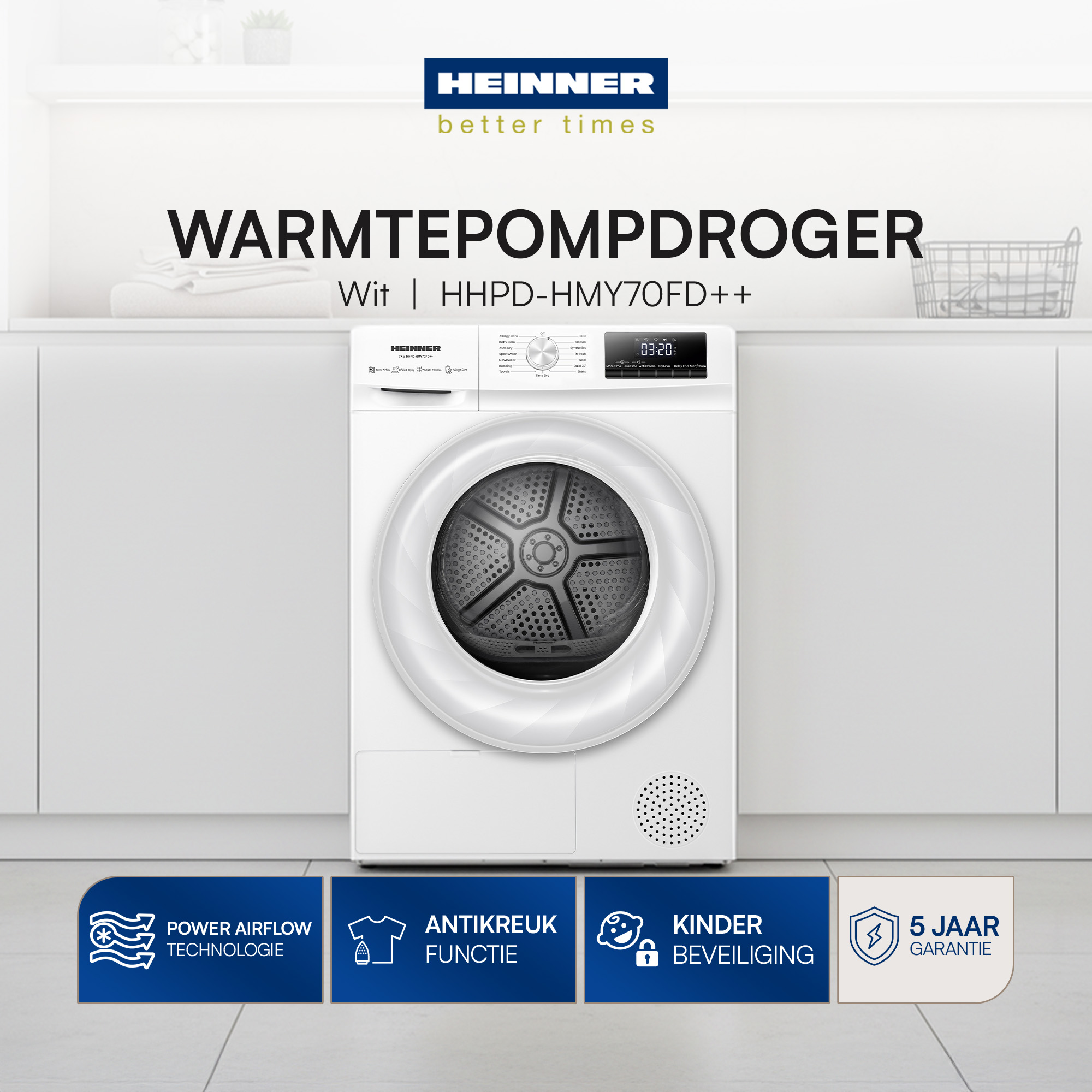 Ein weißer Trockner mit Digitalanzeige. Text: Warmtepompdroger, Heinner. Merkmale: Power Airflow, Anti-Knitter, Kindersicherung, 5 Jahre Garantie.